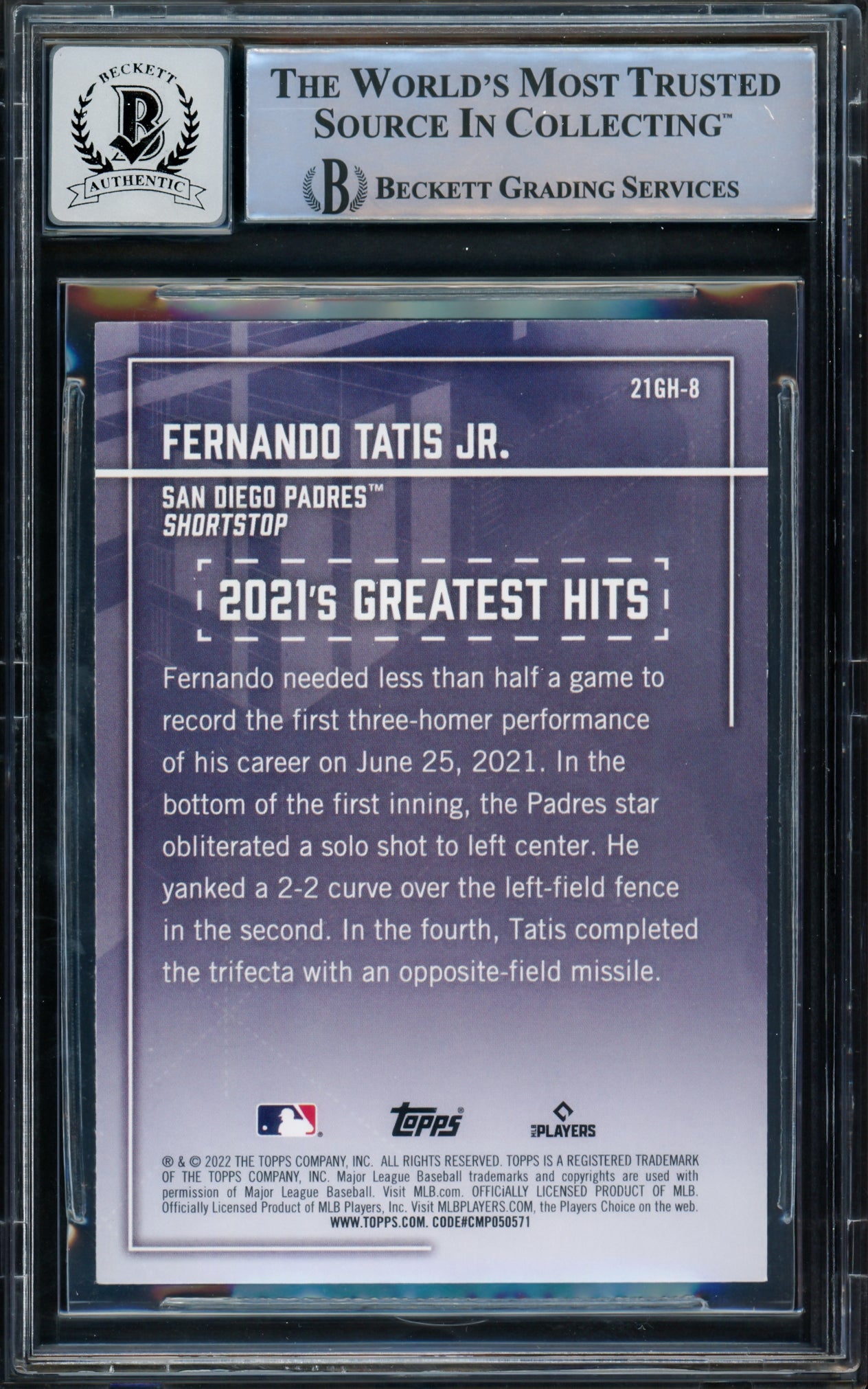 Fernando Tatis Jr. Autographed 2022 Topps Greatest Hits Card #21GH-8 San Diego Padres Auto Grade Gem Mint 10 Beckett BAS #15775429