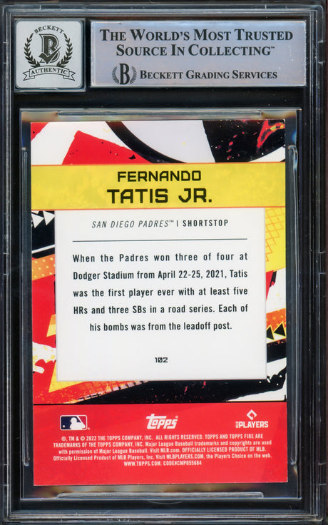Fernando Tatis Jr. Autographed 2022 Topps Fire Card #102 San Diego Padres Auto Grade Gem Mint 10 Beckett BAS #15775441