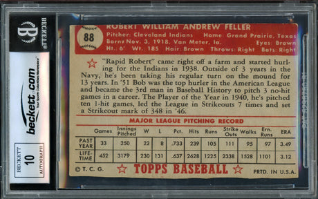 Bob Feller Autographed 1952 Topps Card #88 Cleveland Indians Auto Grade Gem Mint 10 (Trimmed) Beckett BAS #15775569