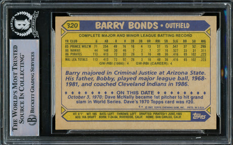 Barry Bonds Autographed 1987 Topps Card #320 Pittsburgh Pirates Vintage Rookie Signature Beckett BAS #15778684