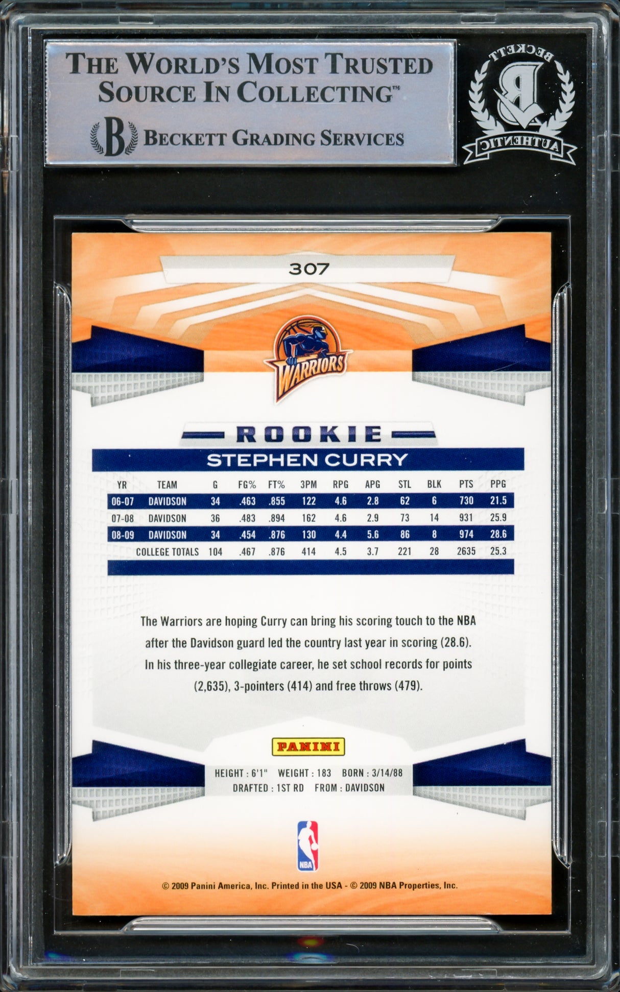 Stephen Curry Autographed 2009-10 Panini Rookie Card #307 Golden State Warriors Beckett BAS #15778818