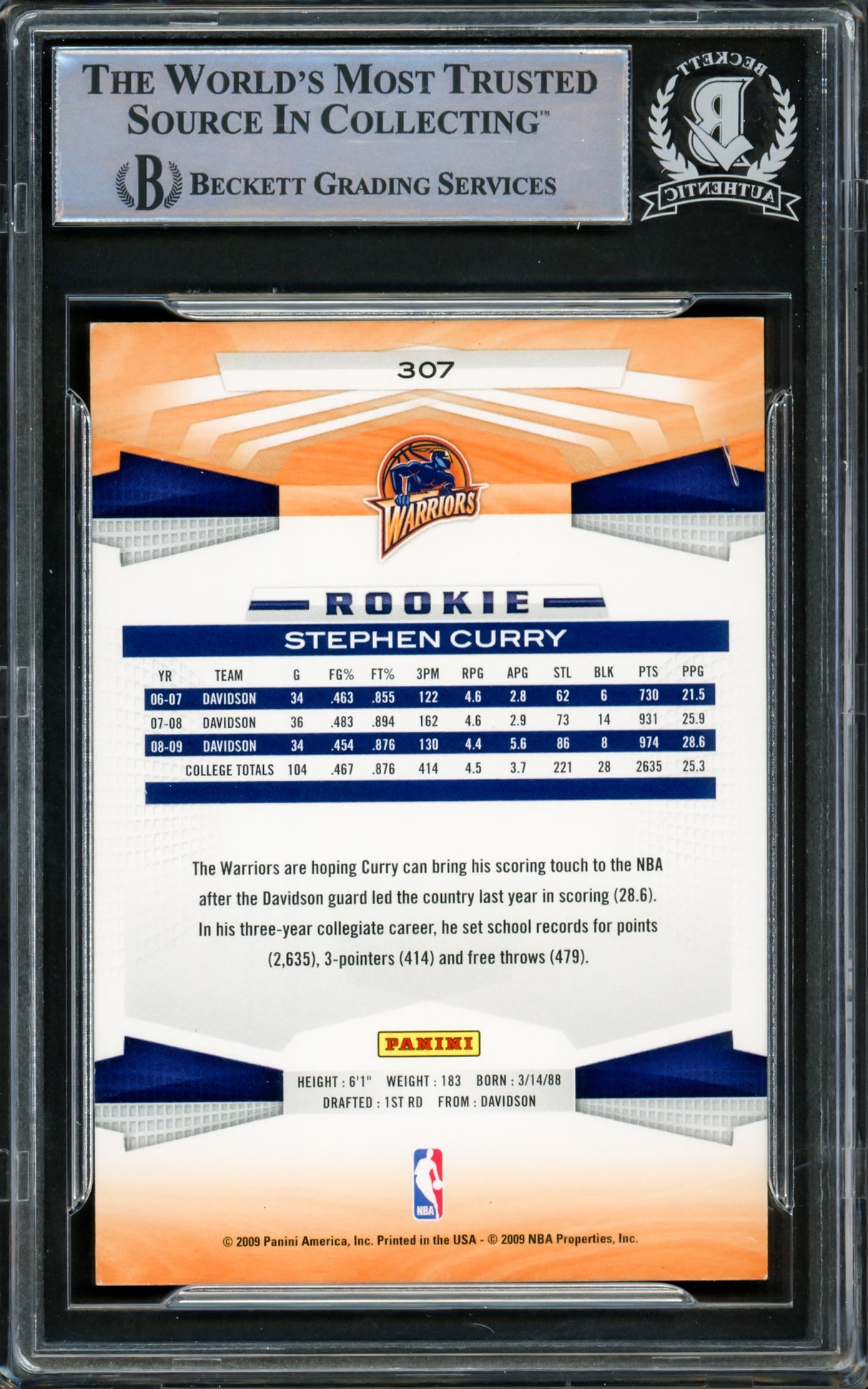 Stephen Curry Autographed 2009-10 Panini Rookie Card #307 Golden State Warriors Beckett BAS #15778813