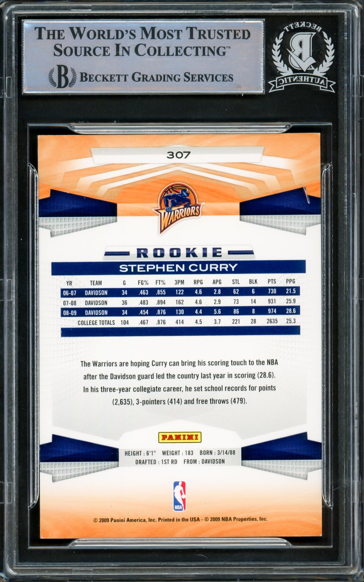 Stephen Curry Autographed 2009-10 Panini Rookie Card #307 Golden State Warriors Beckett BAS #15778813
