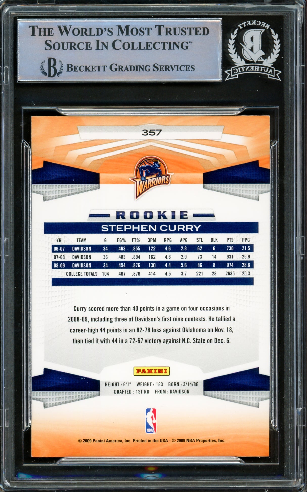 Stephen Curry Autographed 2009-10 Panini Rookie Card #357 Golden State Warriors Beckett BAS #15778830