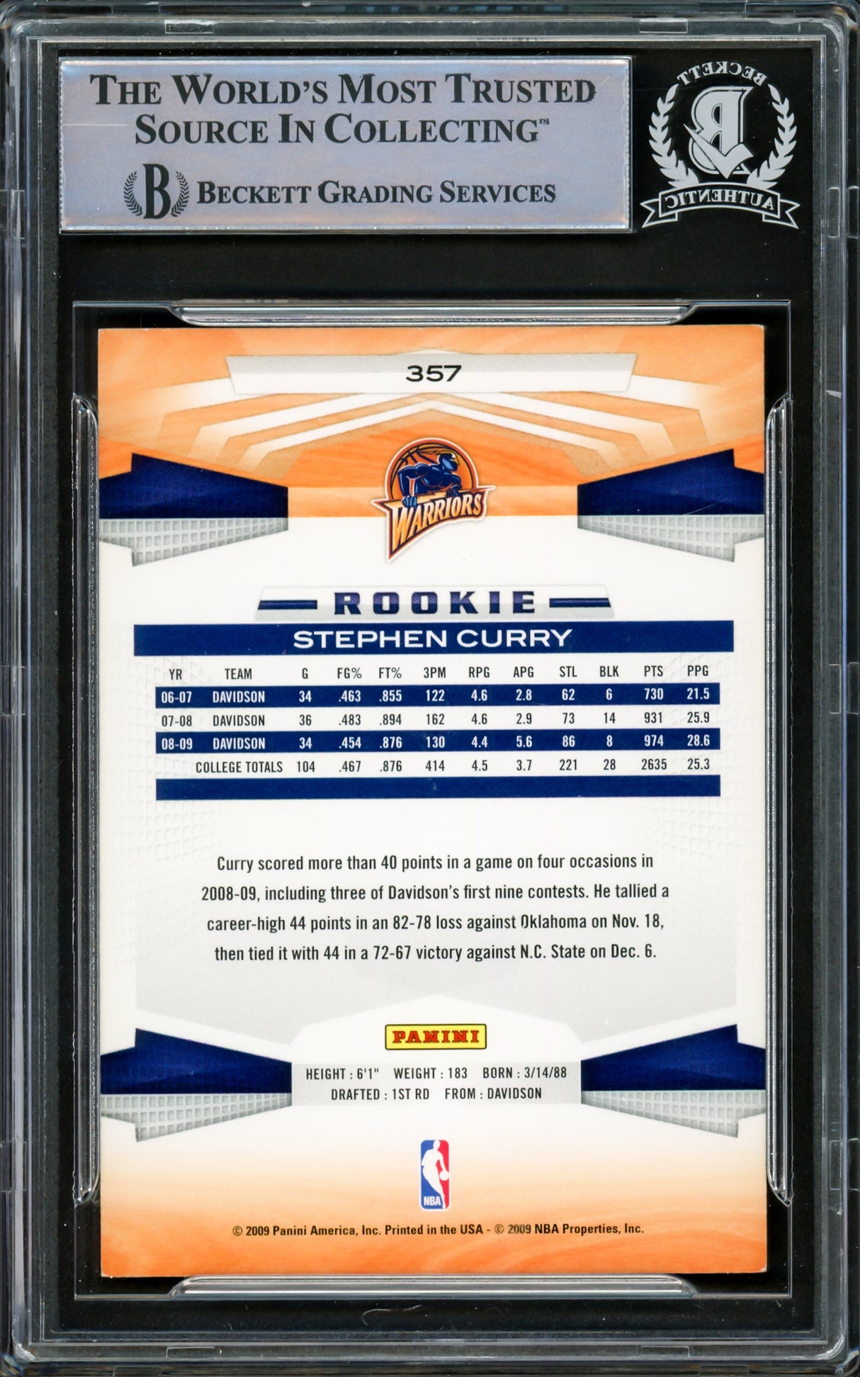 Stephen Curry Autographed 2009-10 Panini Rookie Card #357 Golden State Warriors Beckett BAS #15778828