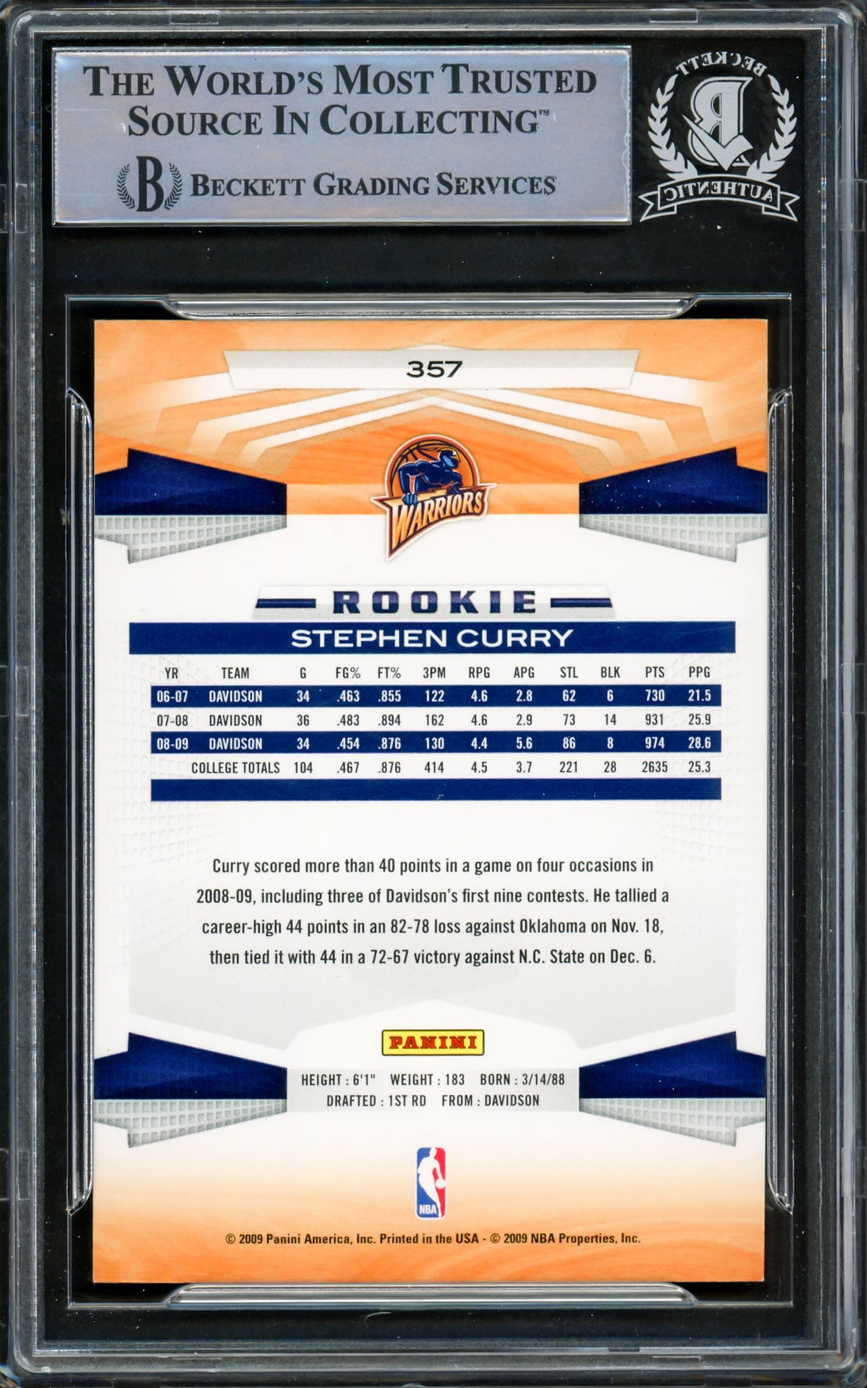 Stephen Curry Autographed 2009-10 Panini Rookie Card #357 Golden State Warriors Beckett BAS #15778824