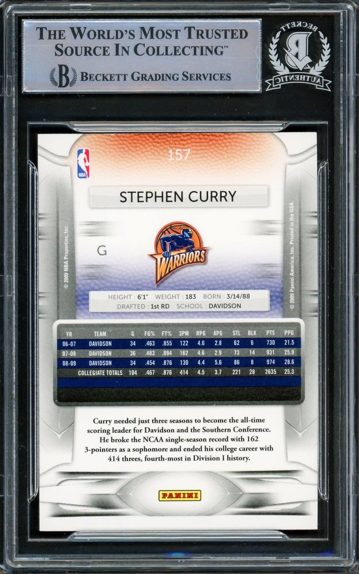 Stephen Curry Autographed 2009-10 Panini Prestige Rookie Card #157 Golden State Warriors Beckett BAS #15778840