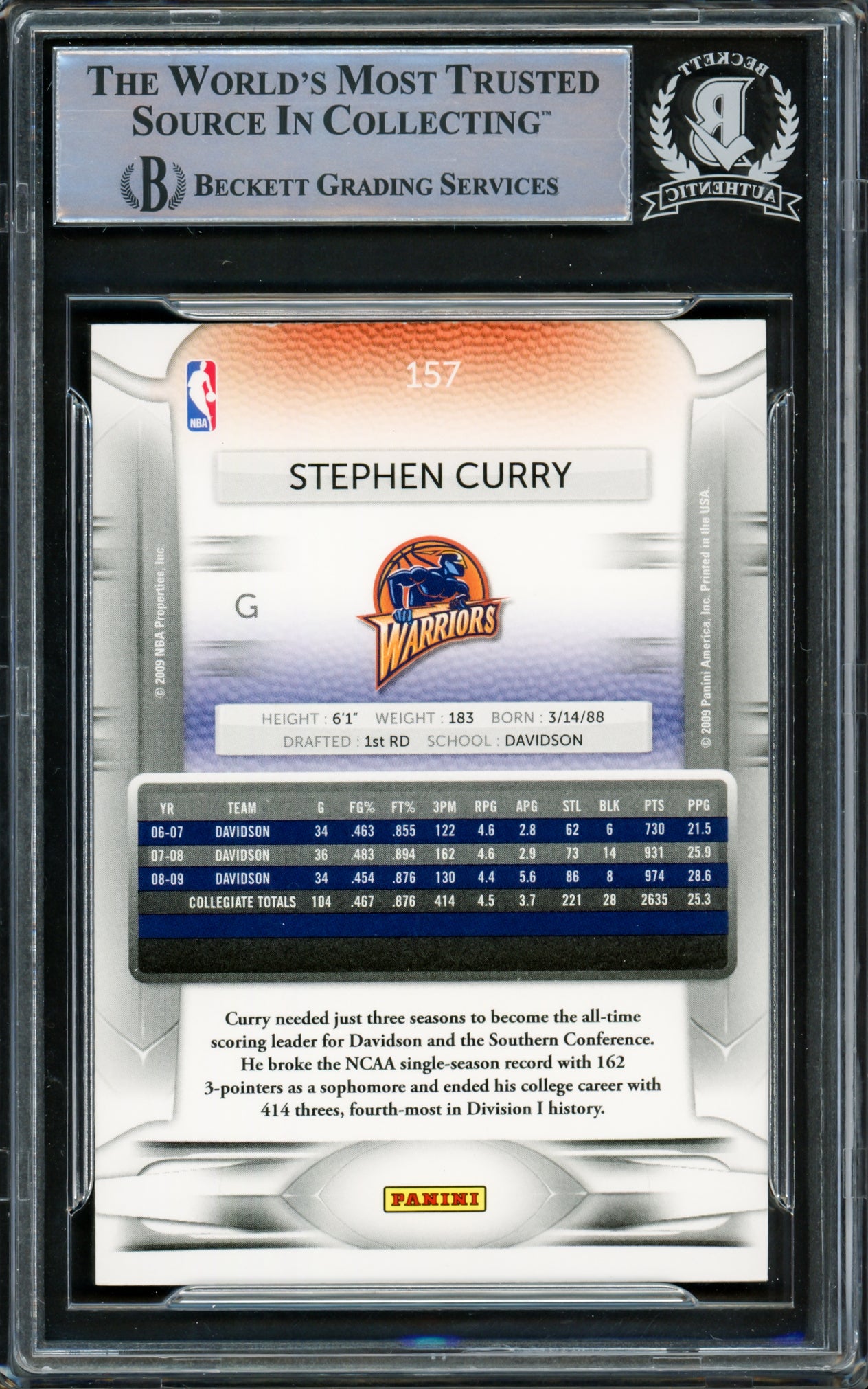Stephen Curry Autographed 2009-10 Panini Prestige Rookie Card #157 Golden State Warriors Beckett BAS #15778840