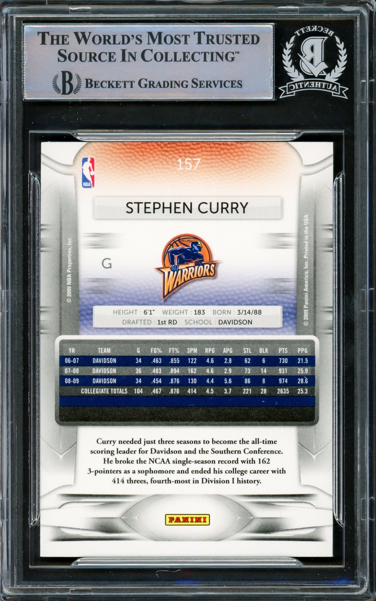 Stephen Curry Autographed 2009-10 Panini Prestige Rookie Card #157 Golden State Warriors Beckett BAS #15778837