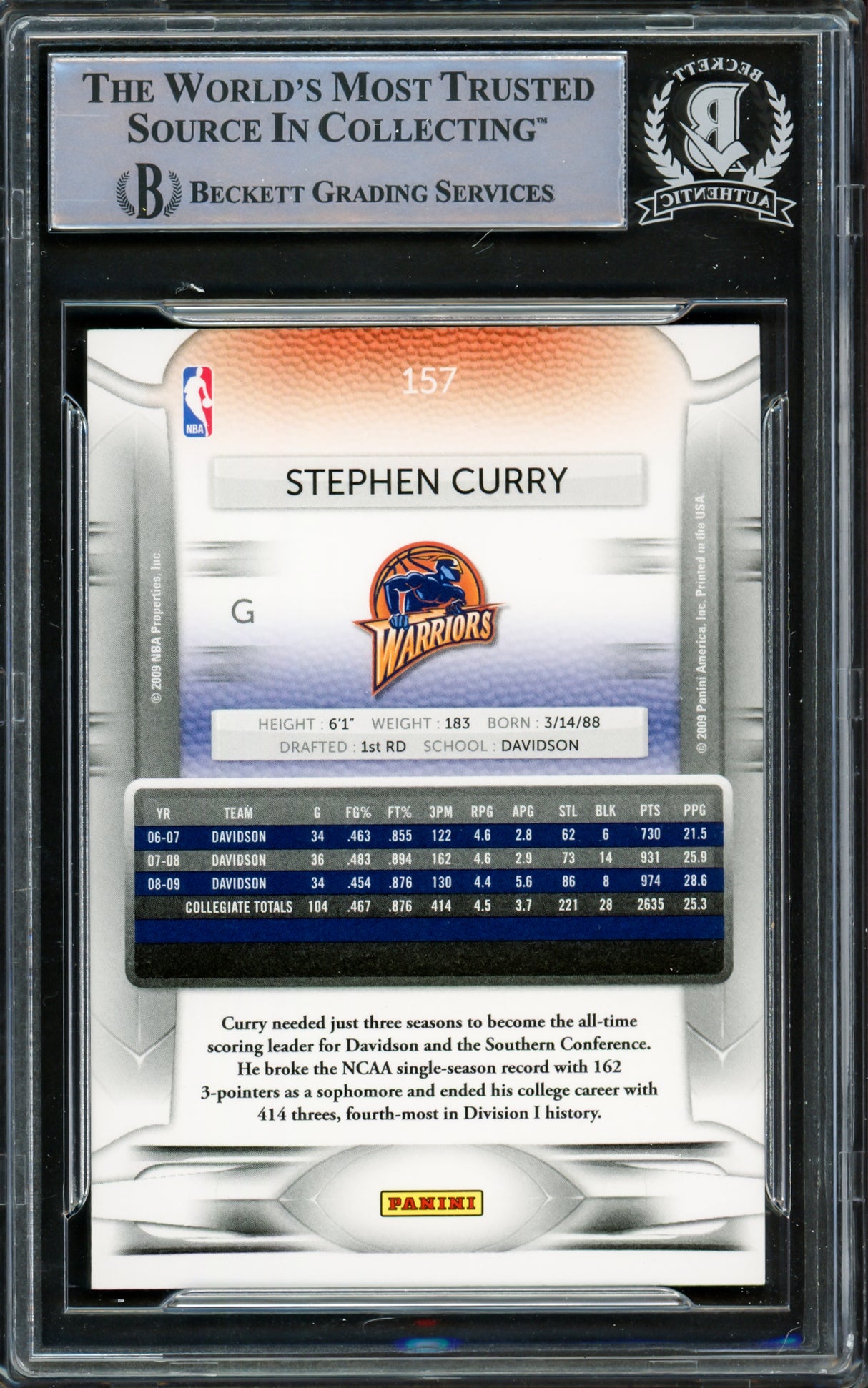 Stephen Curry Autographed 2009-10 Panini Prestige Rookie Card #157 Golden State Warriors Beckett BAS #15778842