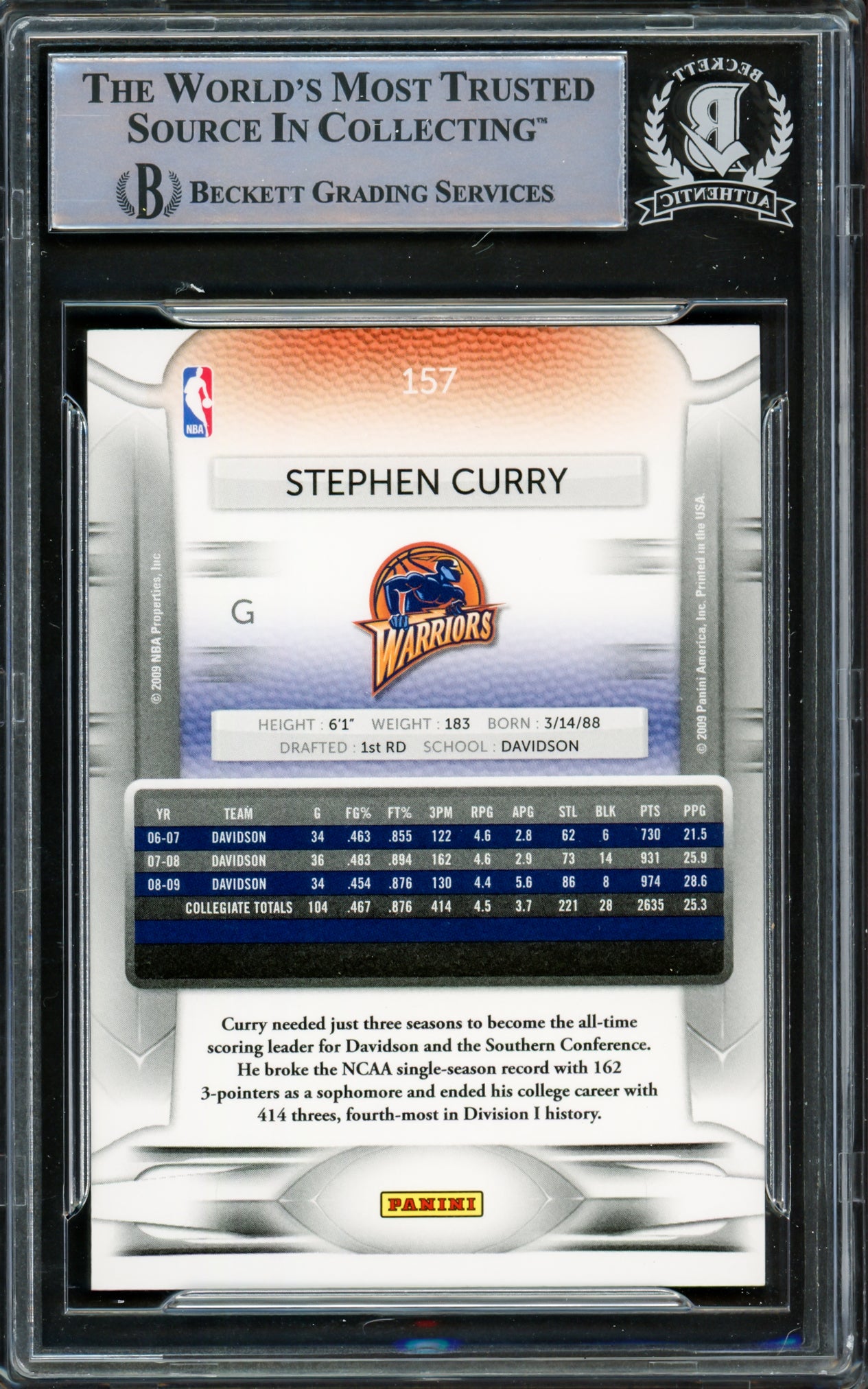 Stephen Curry Autographed 2009-10 Panini Prestige Rookie Card #157 Golden State Warriors Beckett BAS #15778842