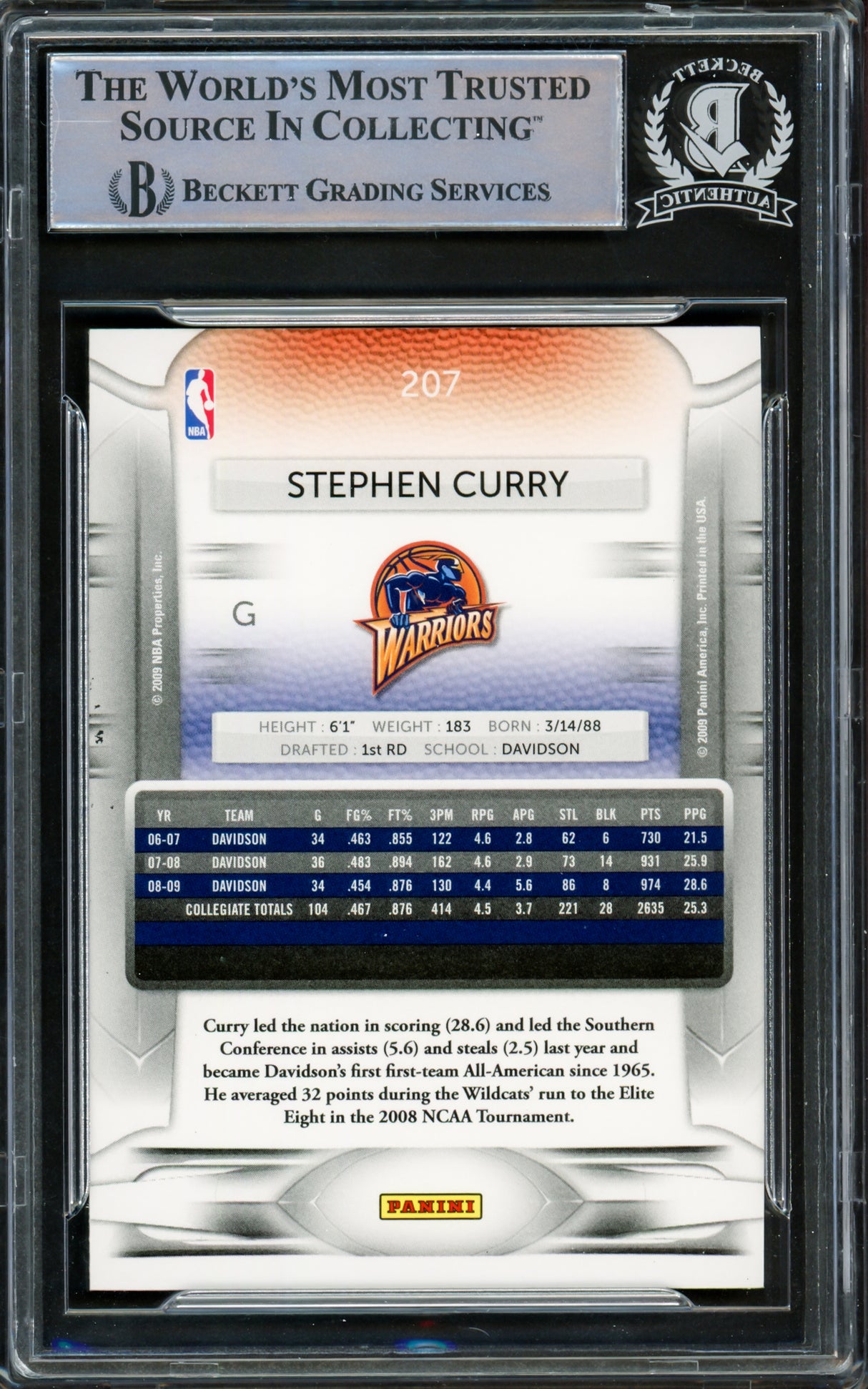 Stephen Curry Autographed 2009-10 Panini Prestige Rookie Card #207 Golden State Warriors Beckett BAS #15778843