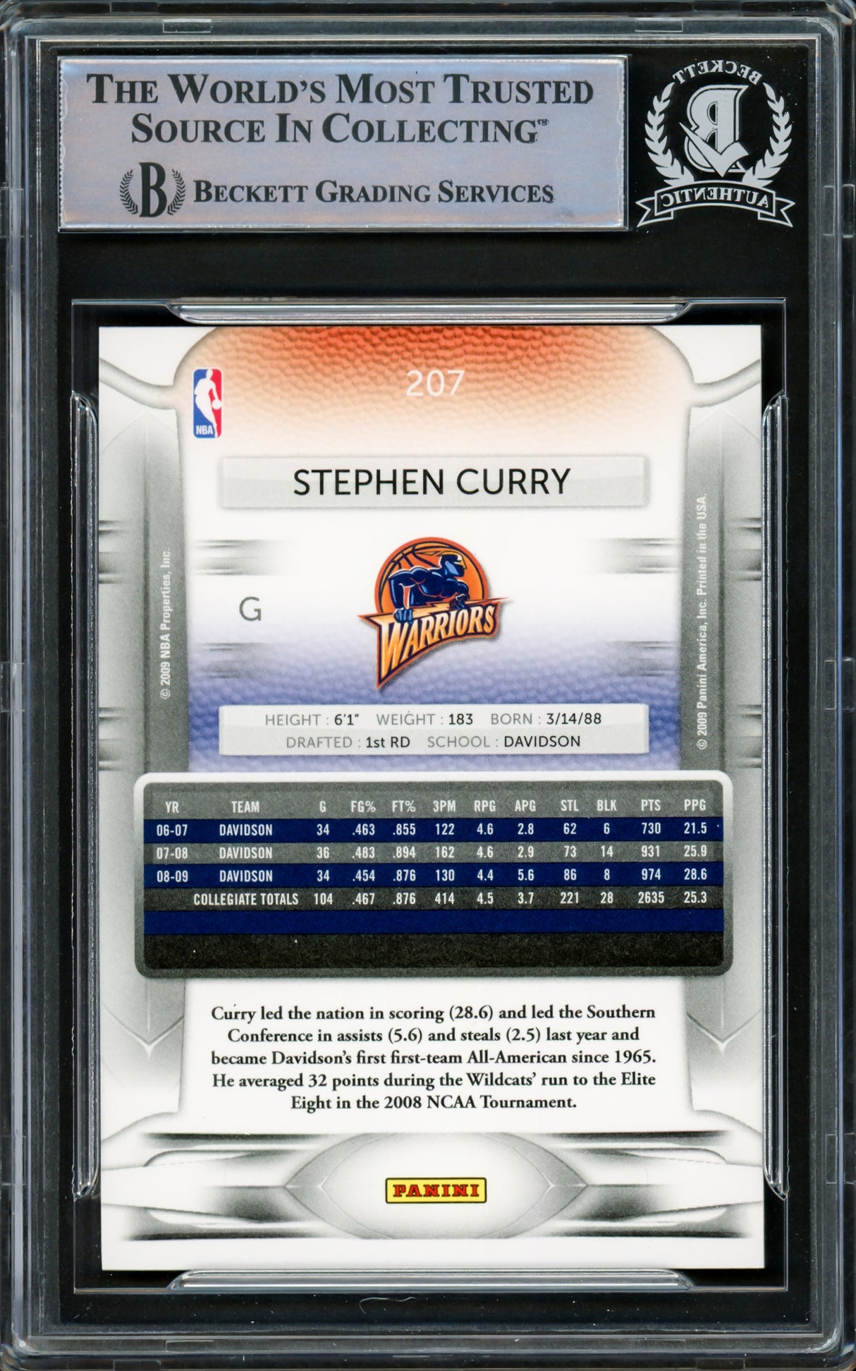 Stephen Curry Autographed 2009-10 Panini Prestige Rookie Card #207 Golden State Warriors Beckett BAS #15778844