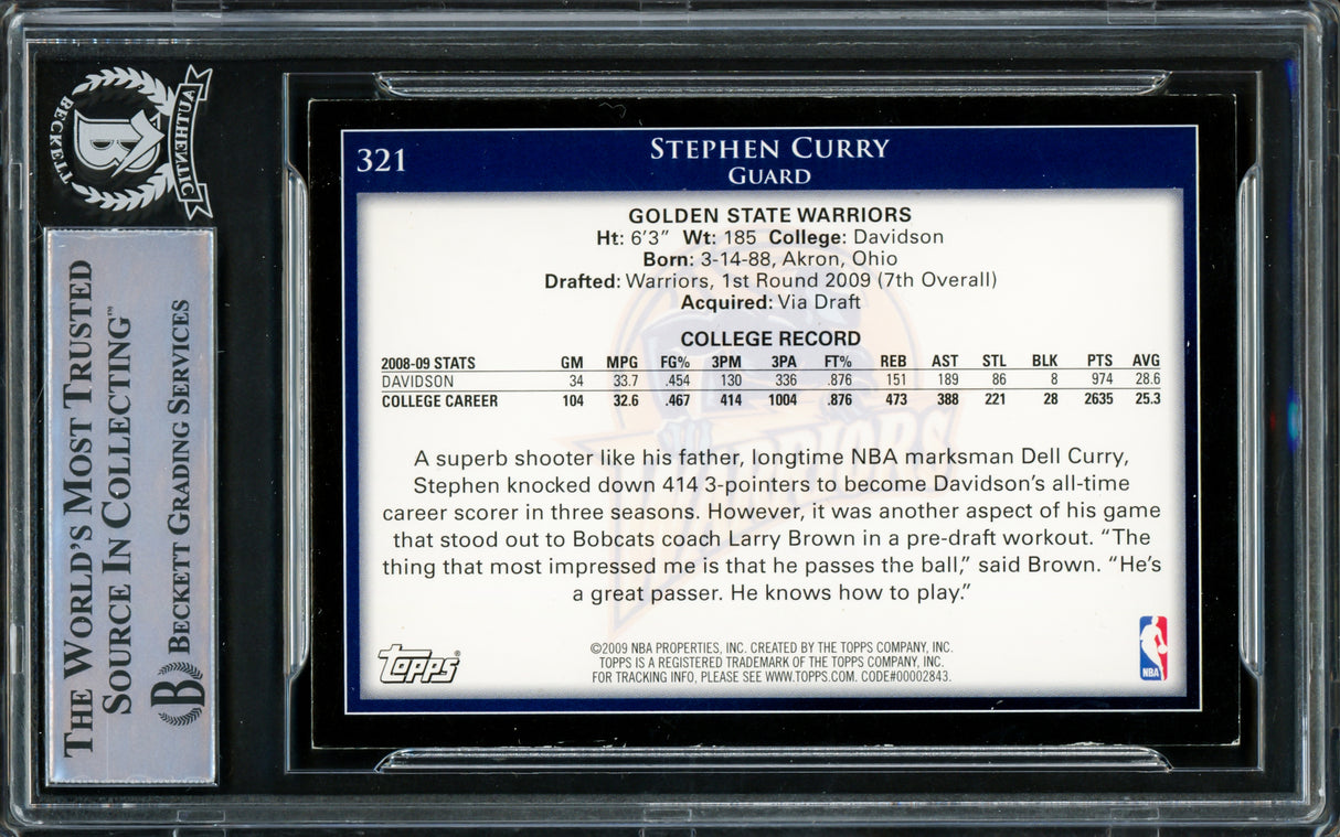 Stephen Curry Autographed 2009-10 Topps Rookie Card #321 Golden State Warriors Beckett BAS #15778845