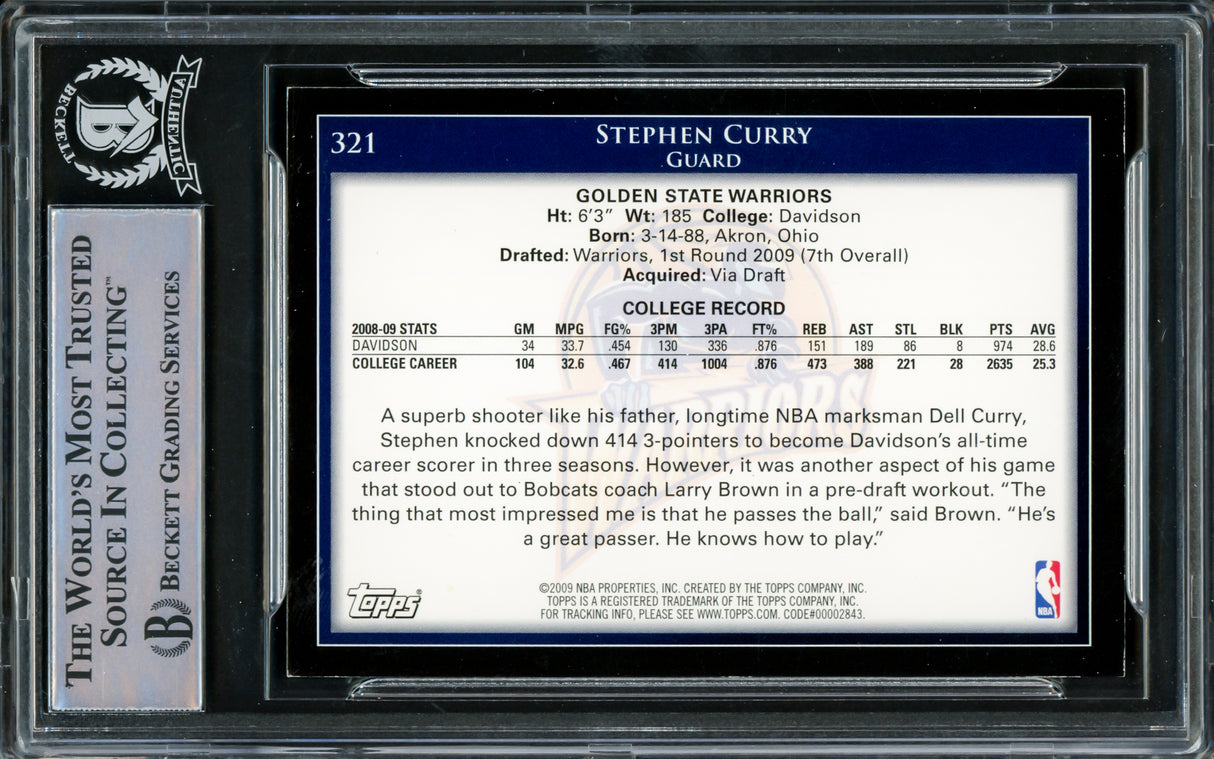Stephen Curry Autographed 2009-10 Topps Rookie Card #321 Golden State Warriors Beckett BAS #15778848