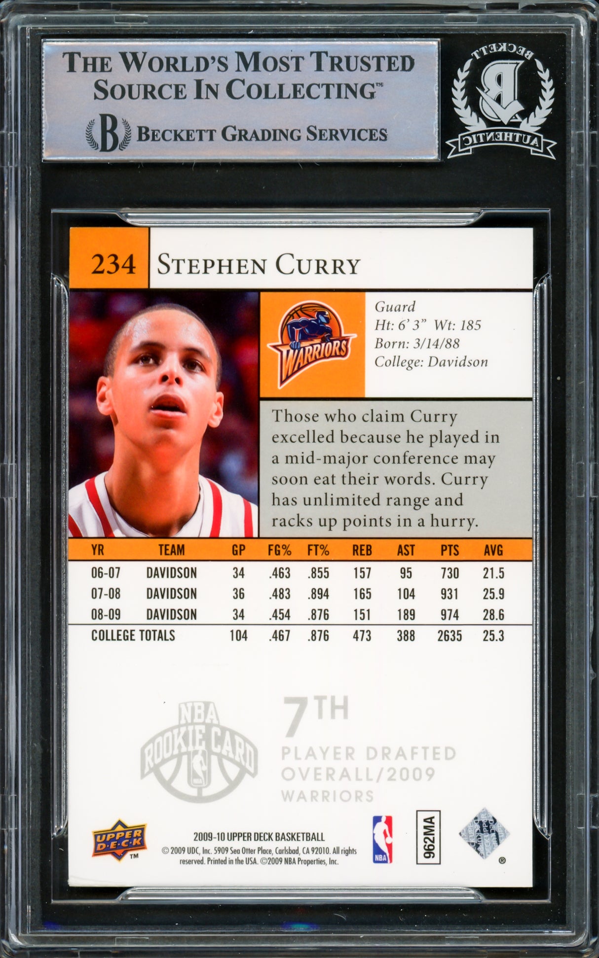 Stephen Curry Autographed 2009-10 Upper Deck Rookie Card #234 Golden State Warriors Beckett BAS #15778851