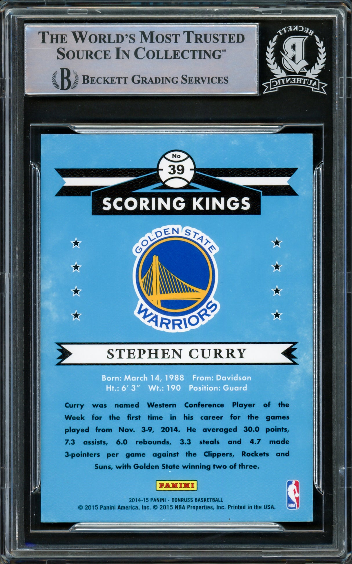 Stephen Curry Autographed 2014-15 Donruss Scoring Kings Card #29 Golden State Warriors Beckett BAS #15779049