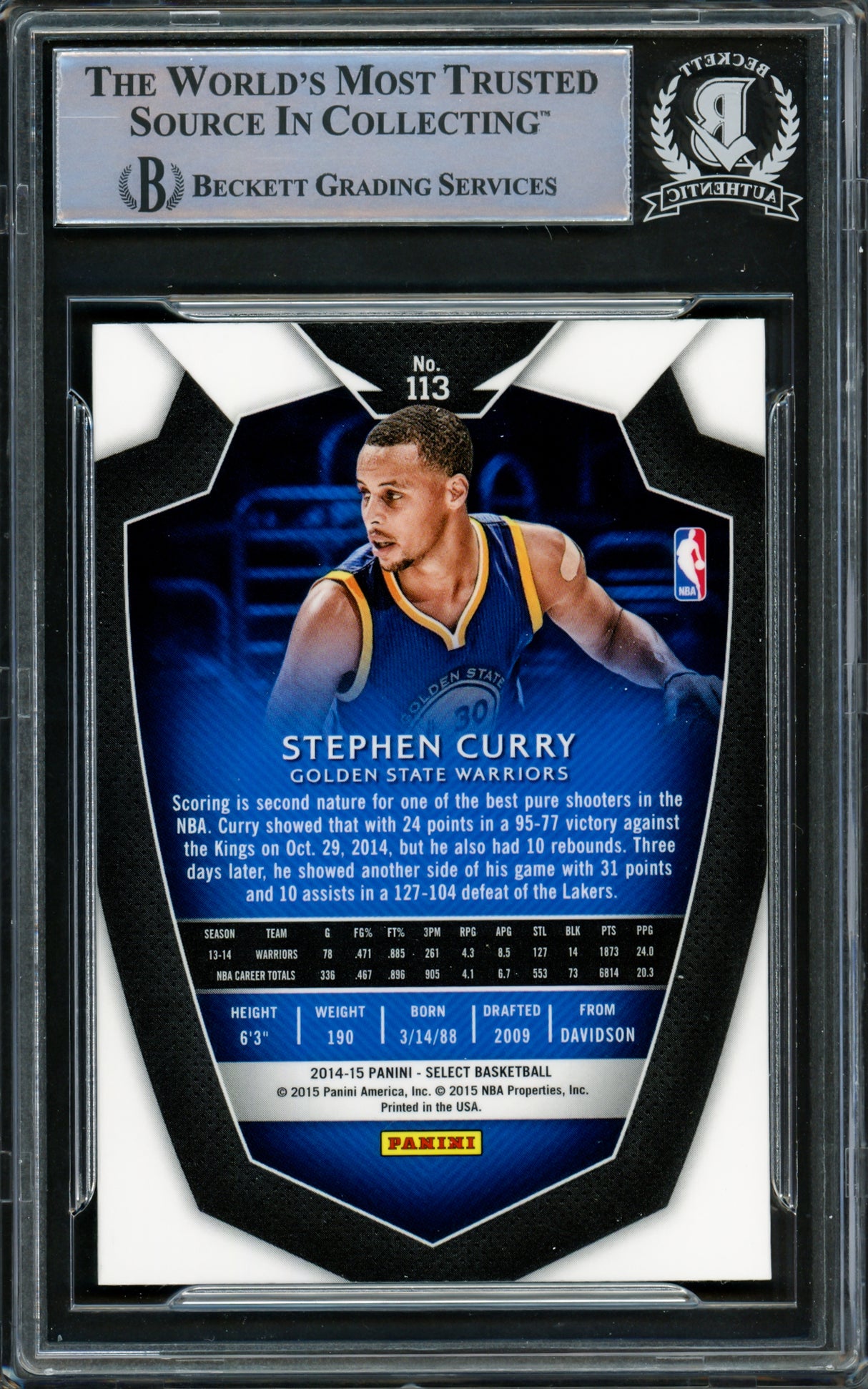 Stephen Curry Autographed 2014-15 Panini Select Card #113 Golden State Warriors Beckett BAS #15779051