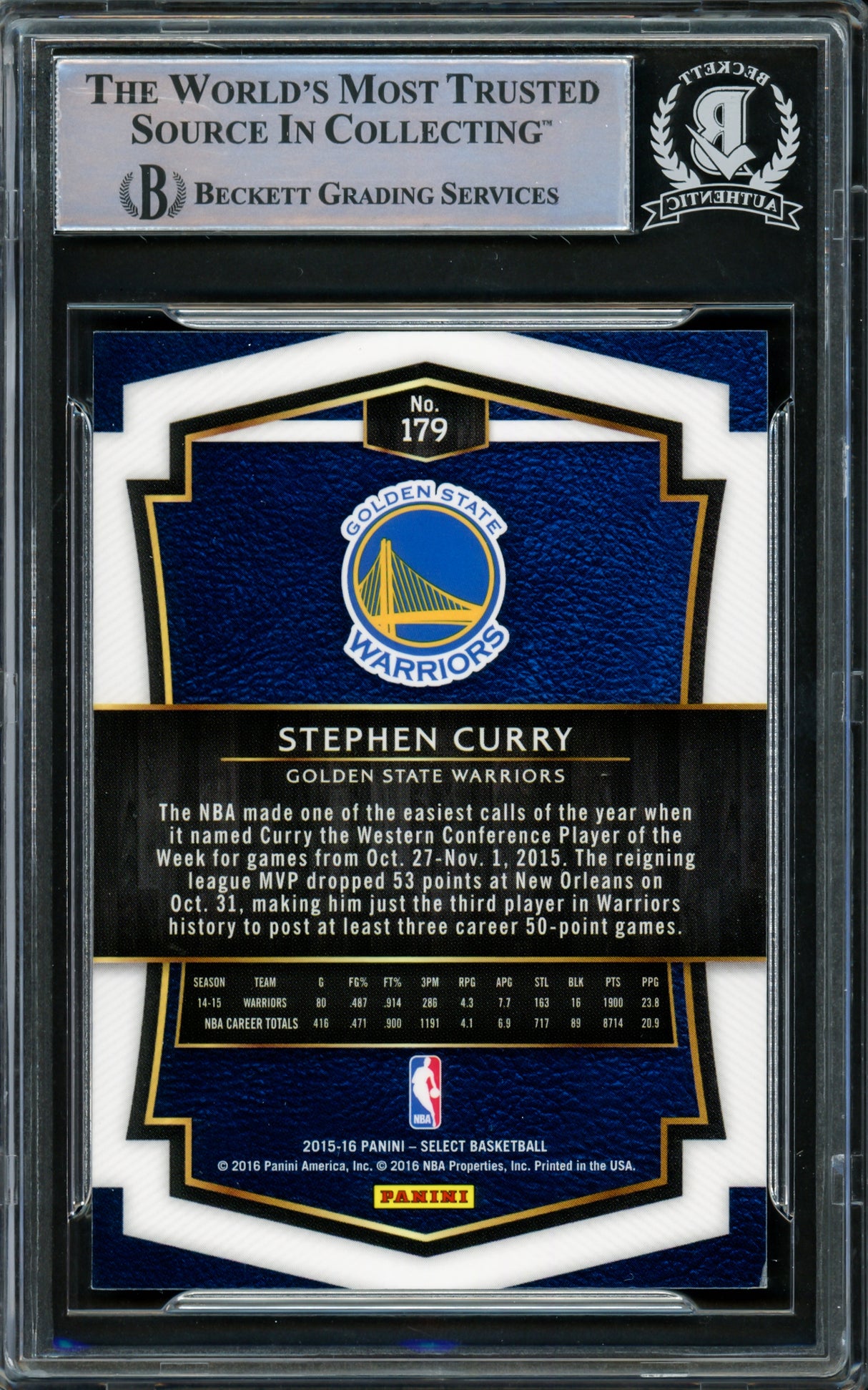 Stephen Curry Autographed 2015-16 Panini Select Card #179 Golden State Warriors Beckett BAS #15779053
