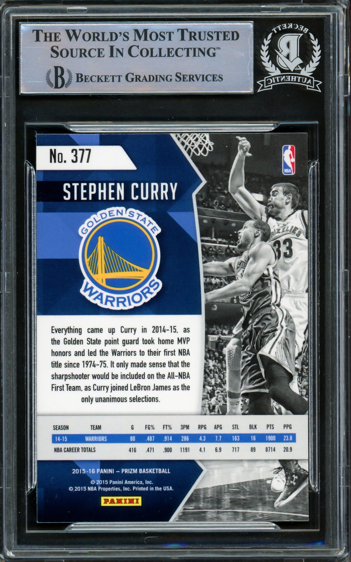 Stephen Curry Autographed 2015-16 Panini Prizm Card #377 Golden State Warriors Beckett BAS #15779068