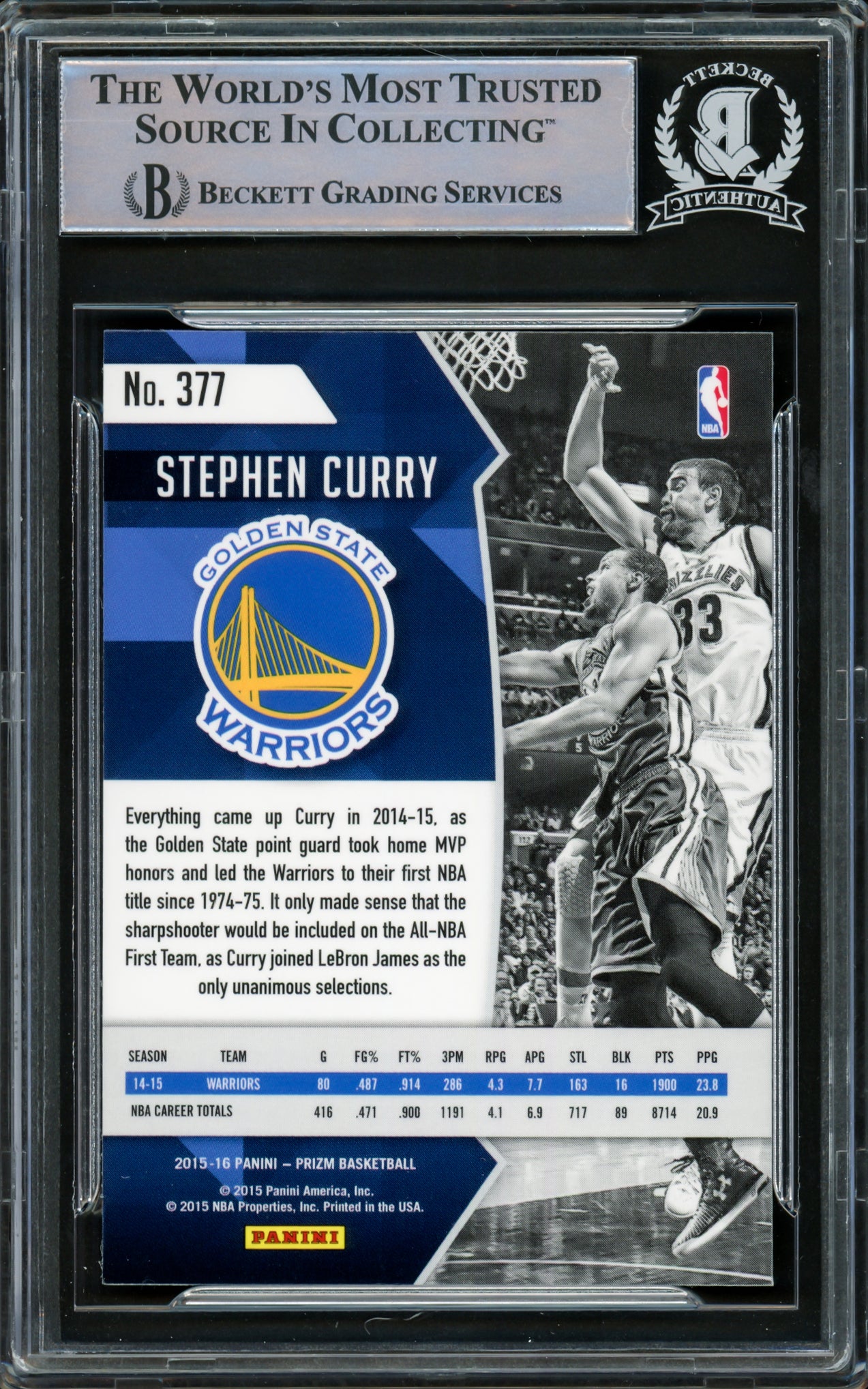 Stephen Curry Autographed 2015-16 Panini Prizm Card #377 Golden State Warriors Beckett BAS #15779067