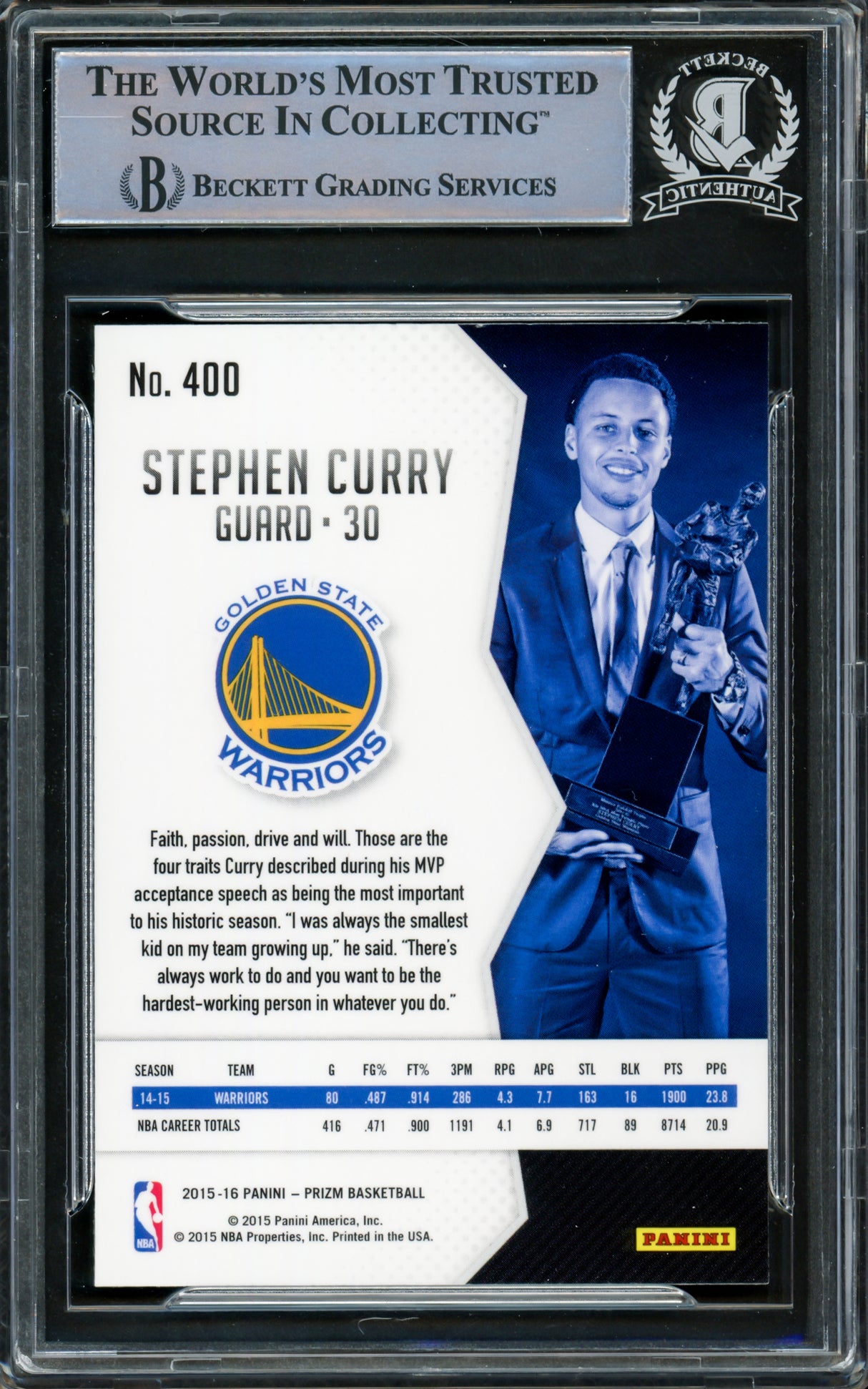 Stephen Curry Autographed 2015-16 Panini Prizm Card #400 Golden State Warriors Beckett BAS #15779070