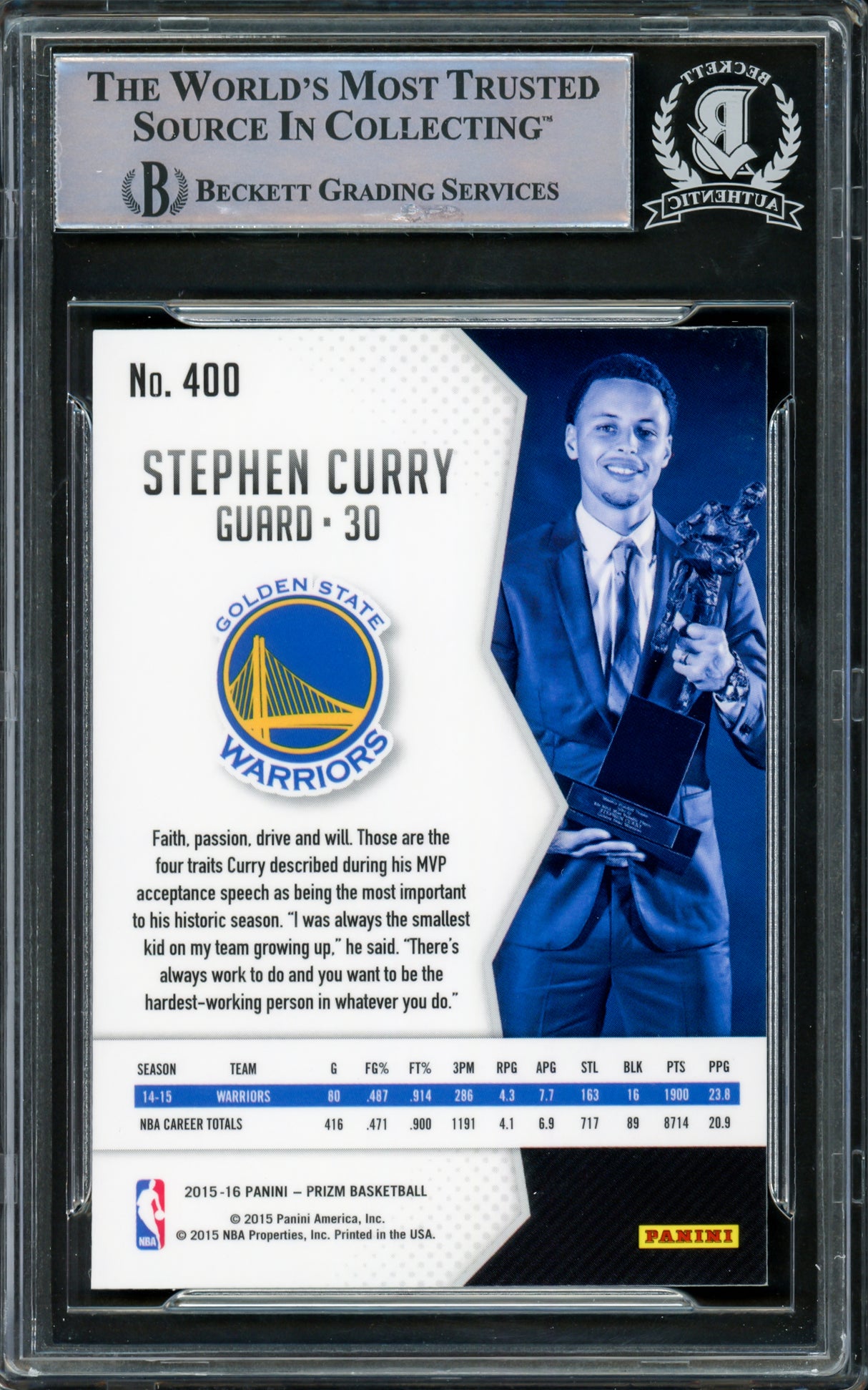 Stephen Curry Autographed 2015-16 Panini Prizm Card #400 Golden State Warriors Beckett BAS #15779086