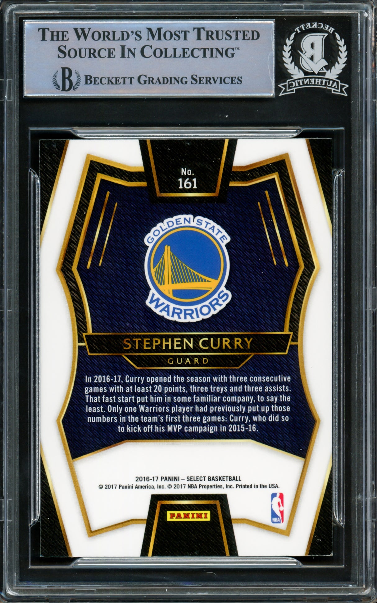 Stephen Curry Autographed 2016-17 Panini Select Card #161 Golden State Warriors Beckett BAS #15779114