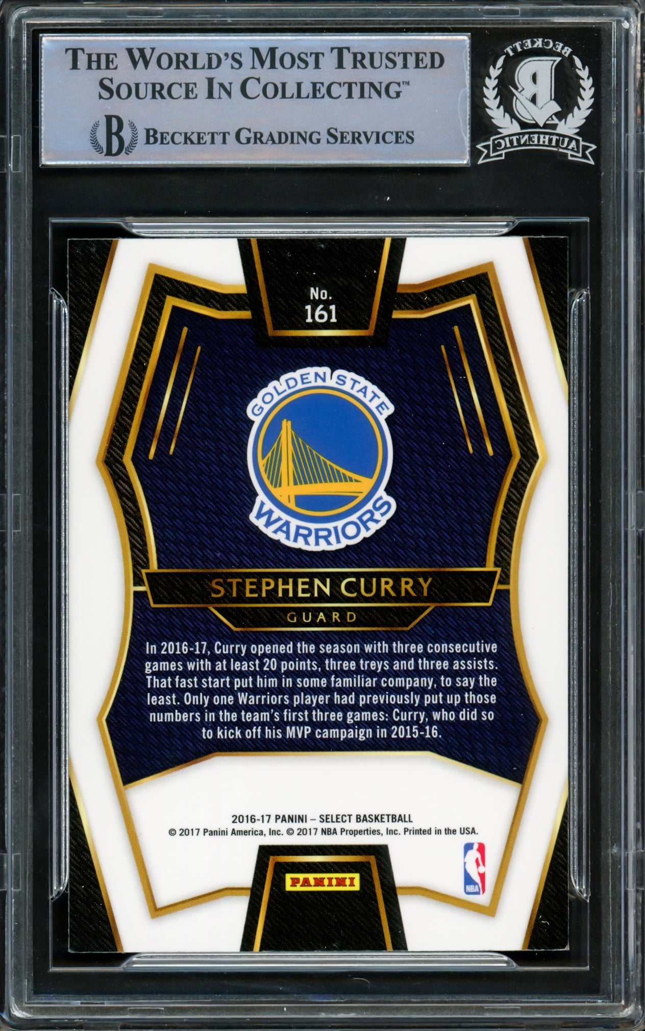 Stephen Curry Autographed 2016-17 Panini Select Card #161 Golden State Warriors Beckett BAS #15779114