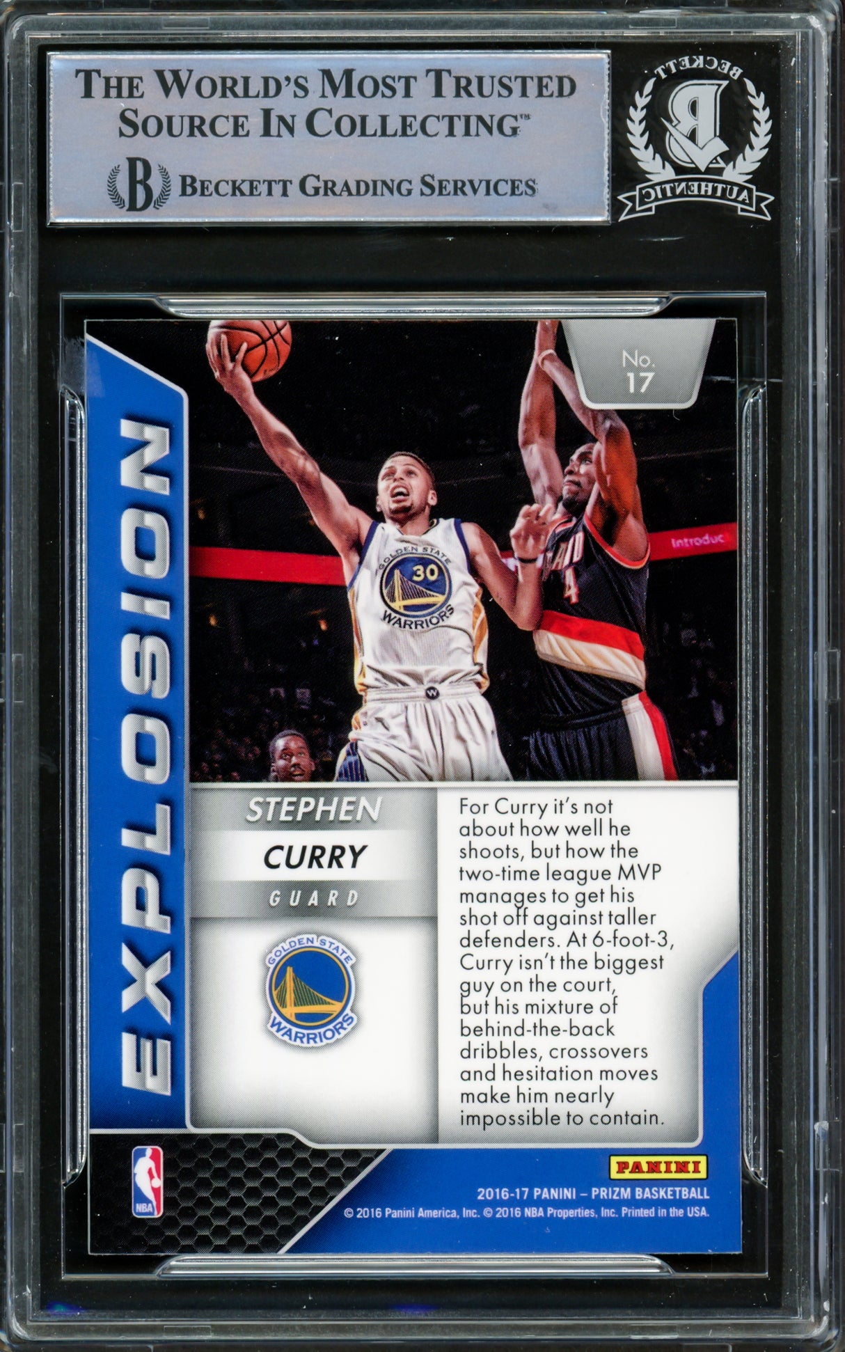 Stephen Curry Autographed 2016-17 Panini Prizm Explosion Card #17 Golden State Warriors Beckett BAS #15779173