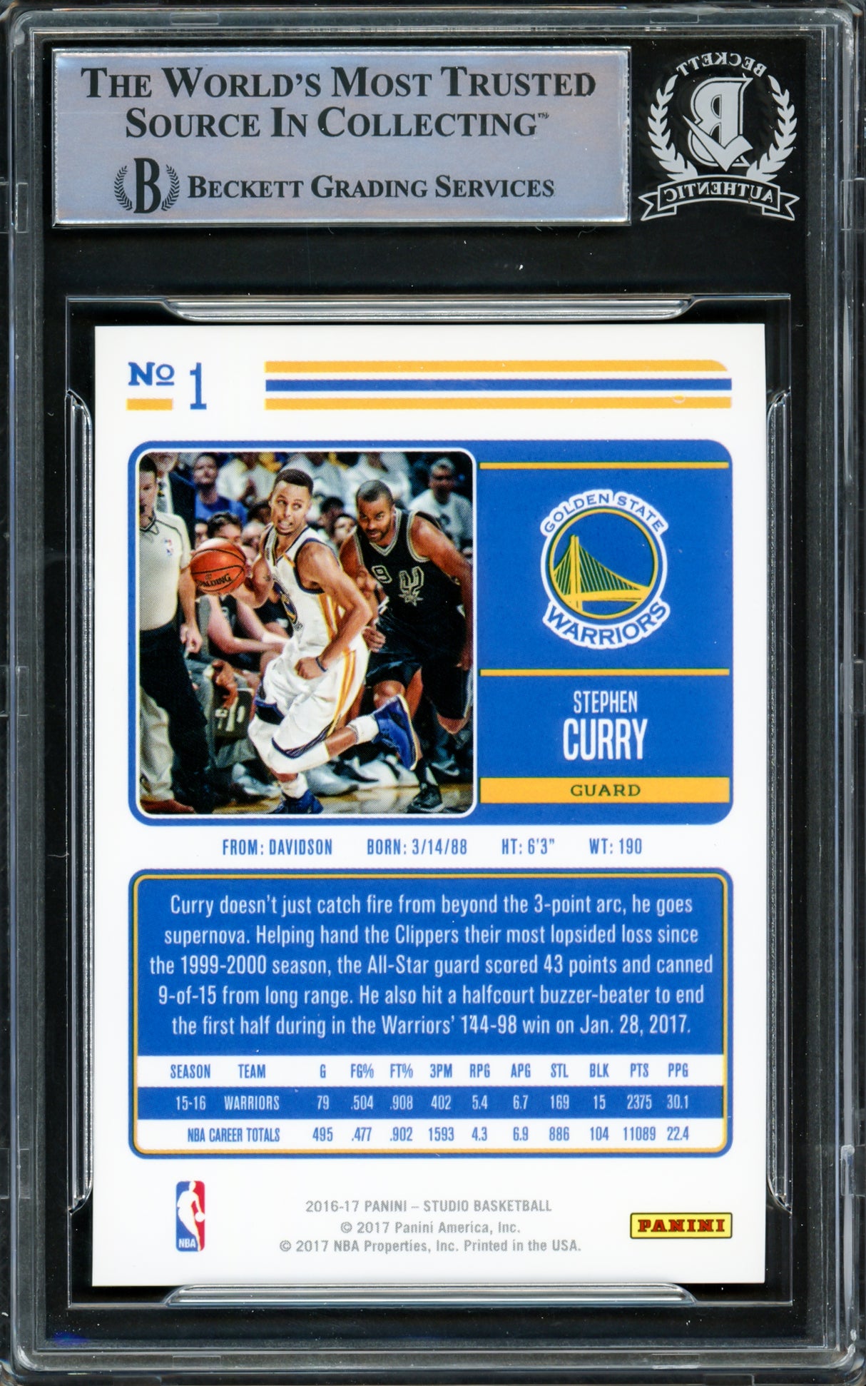 Stephen Curry Autographed 2016-17 Panini Studio Card #1 Golden State Warriors Beckett BAS #15779174
