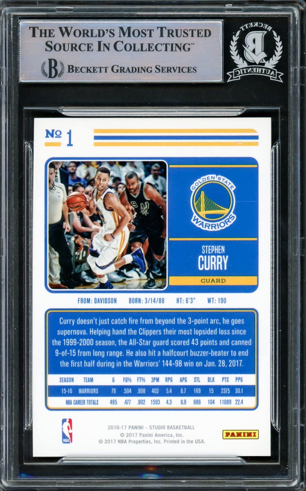 Stephen Curry Autographed 2016-17 Panini Studio Card #1 Golden State Warriors Beckett BAS #15779175
