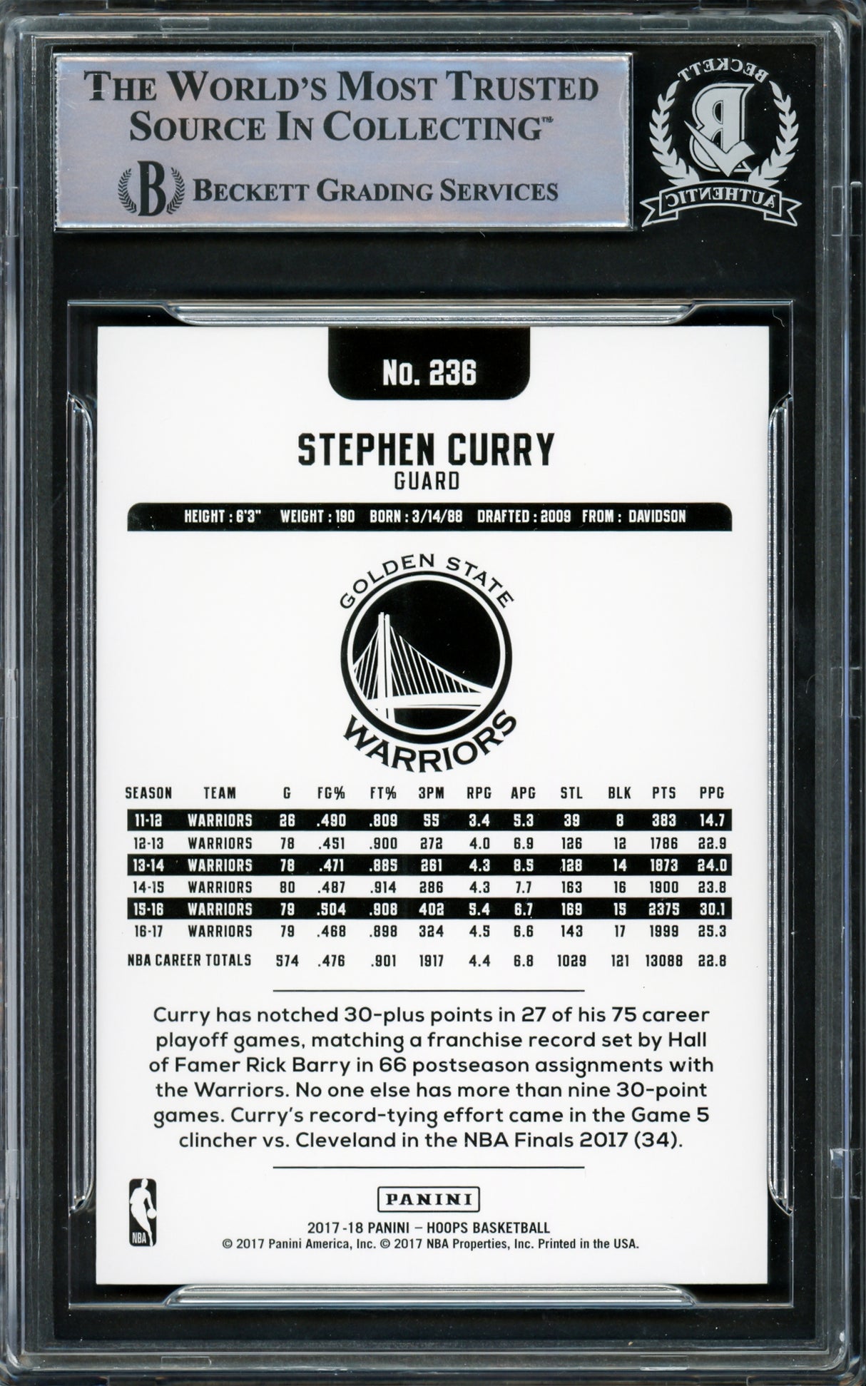 Stephen Curry Autographed 2017-18 Hoops Card #236 Golden State Warriors Beckett BAS #15779215