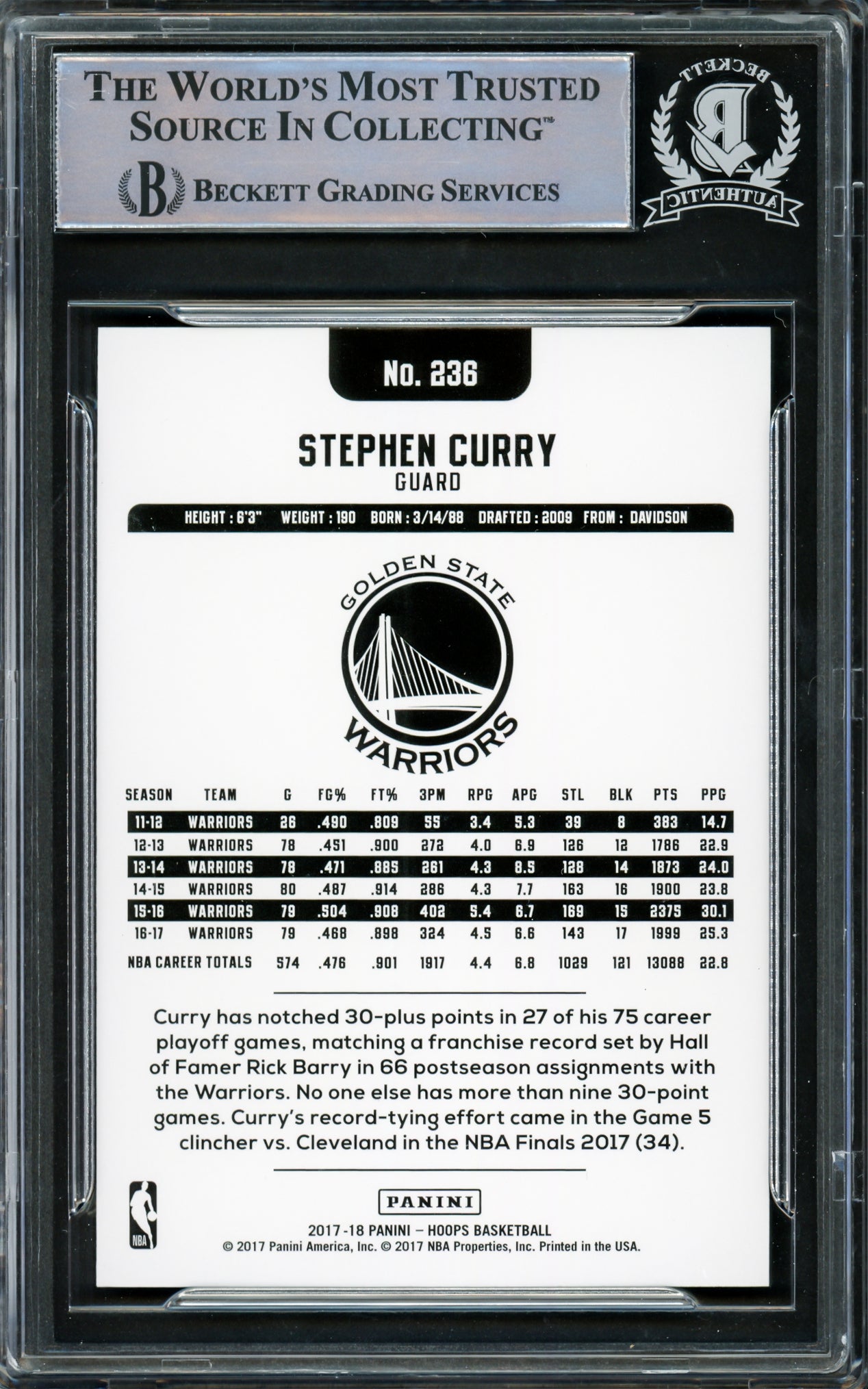 Stephen Curry Autographed 2017-18 Hoops Card #236 Golden State Warriors Beckett BAS #15779215