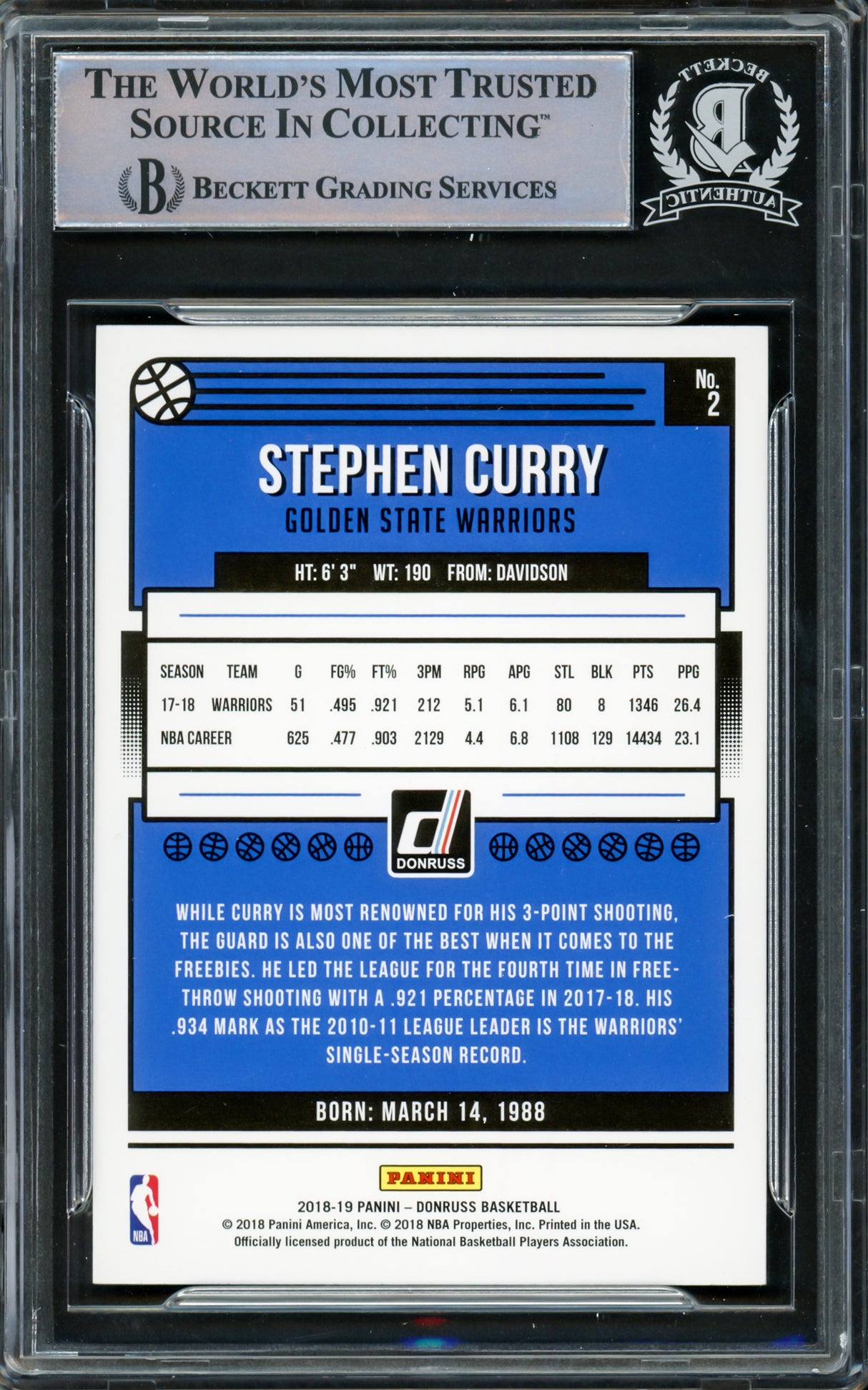 Stephen Curry Autographed 2018-19 Donruss Card #2 Golden State Warriors Beckett BAS #15779229