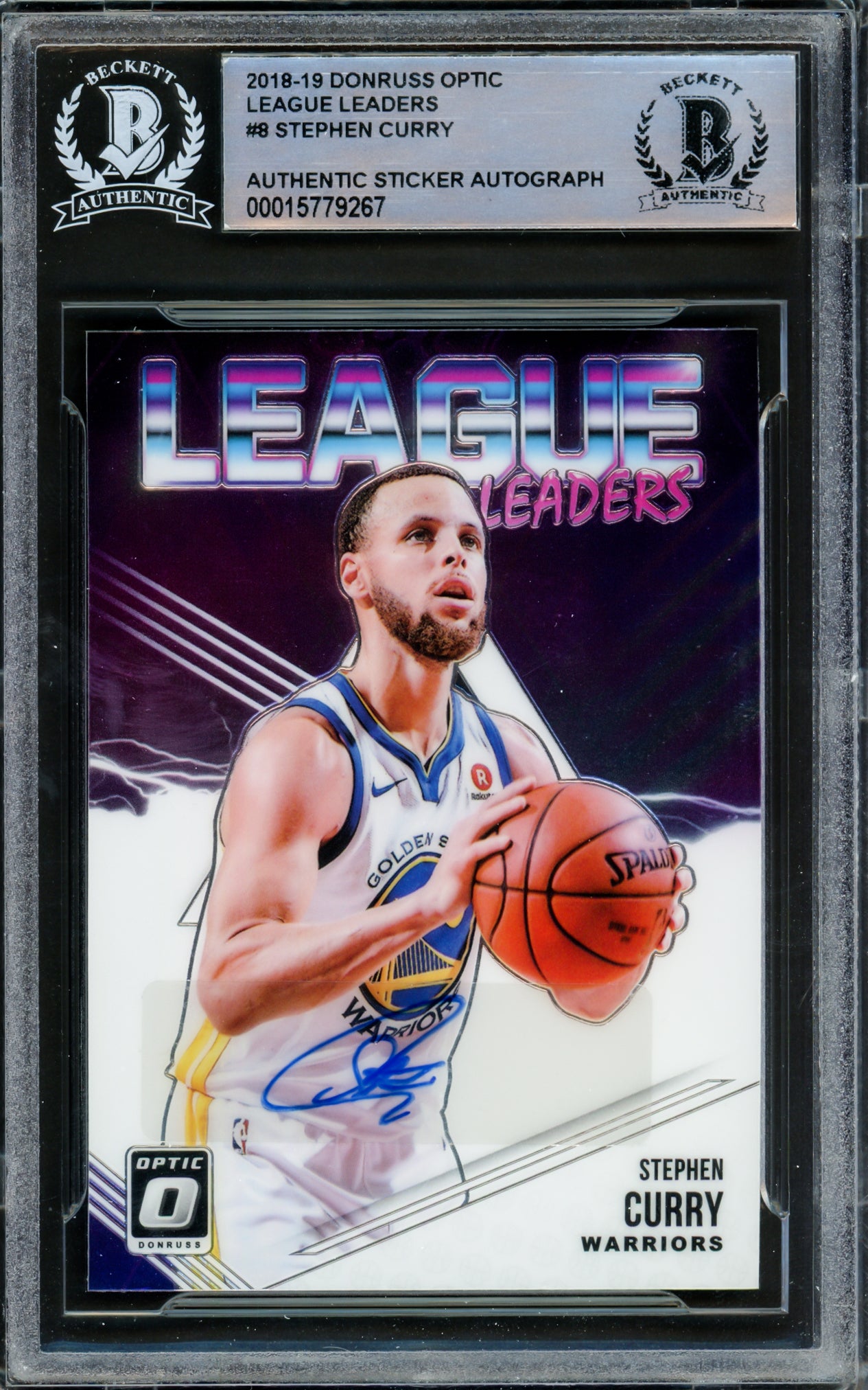 Stephen Curry Autographed 2018-19 Donruss Optic League Leaders Card #8 Golden State Warriors Beckett BAS #15779267