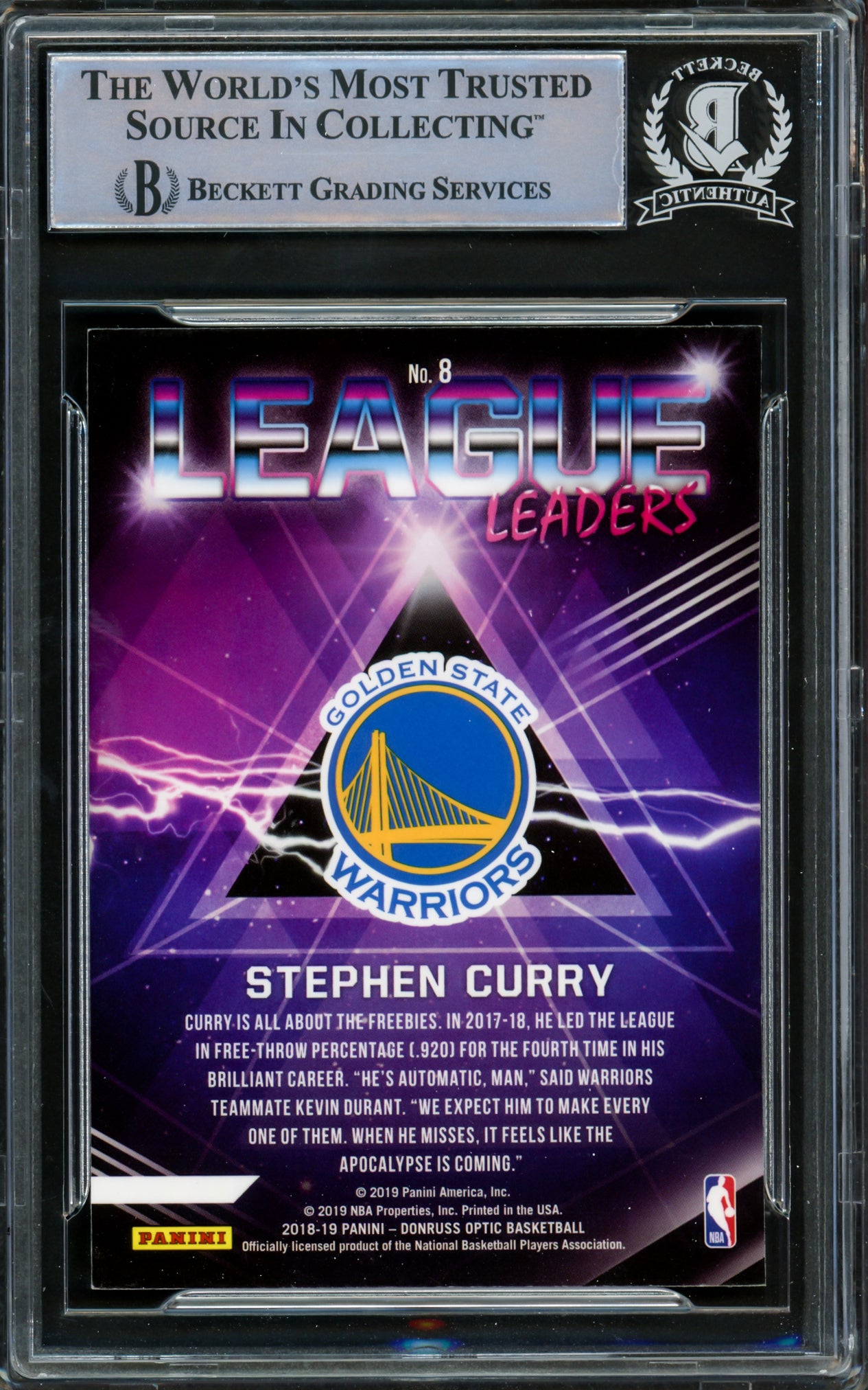 Stephen Curry Autographed 2018-19 Donruss Optic League Leaders Card #8 Golden State Warriors Beckett BAS #15779267