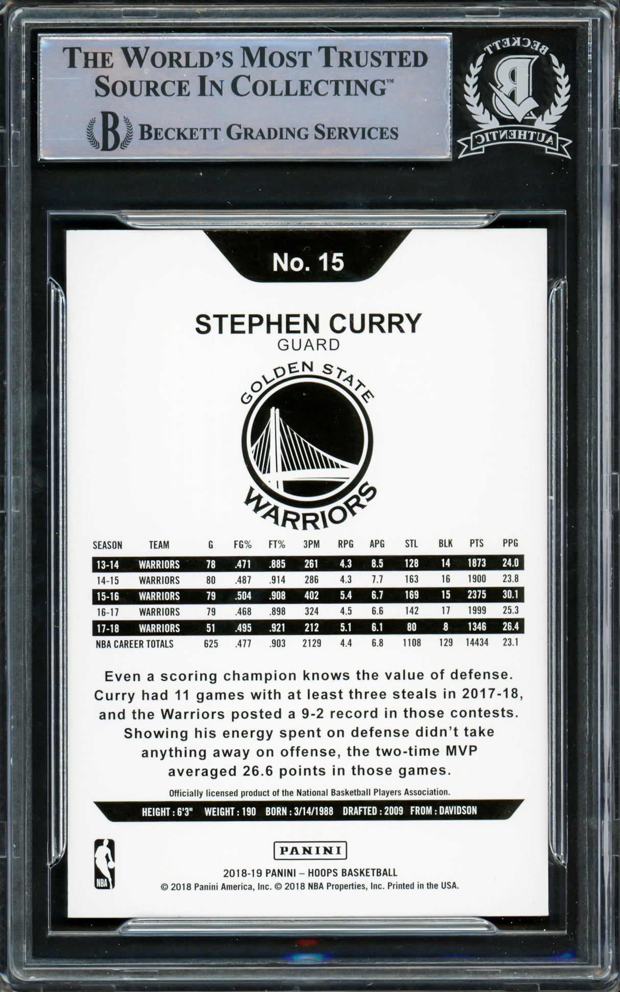 Stephen Curry Autographed 2018-19 Hoops Card #15 Golden State Warriors Beckett BAS #15779269