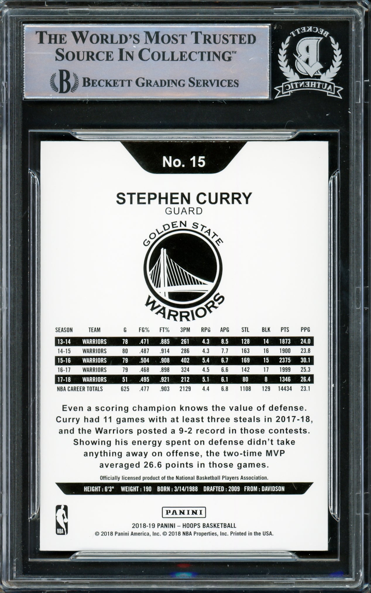 Stephen Curry Autographed 2018-19 Hoops Card #15 Golden State Warriors Beckett BAS #15779271
