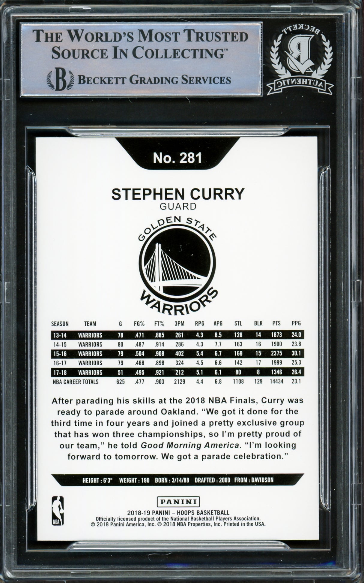 Stephen Curry Autographed 2018-19 Hoops Card #281 Golden State Warriors Beckett BAS #15779272