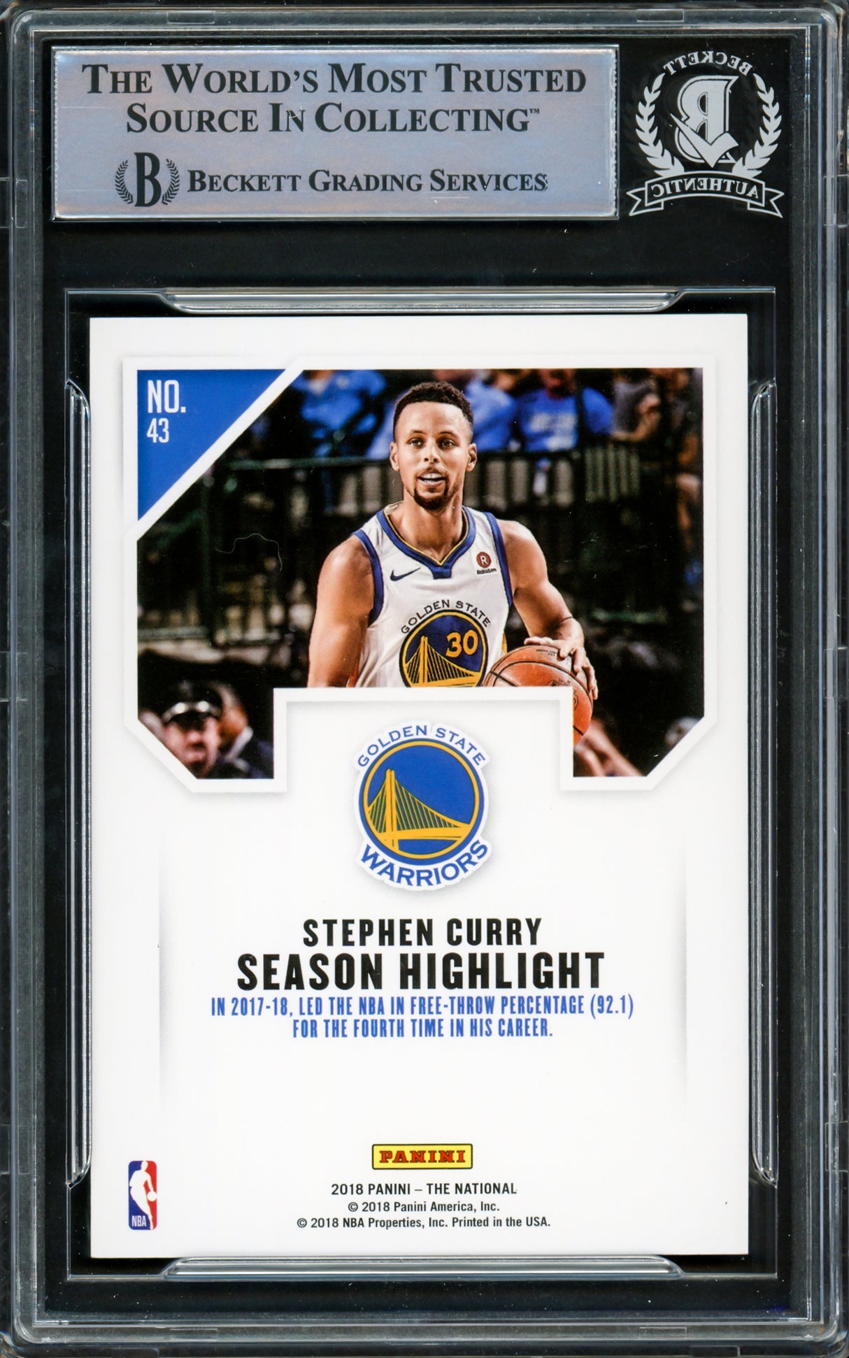 Stephen Curry Autographed 2018-19 Panini National Convention Card #43 Golden State Warriors Beckett BAS #15779274