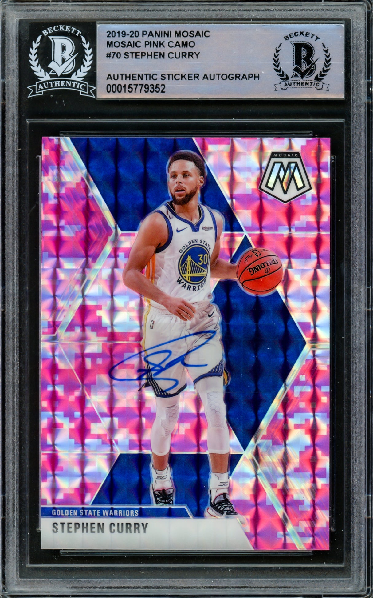 Stephen Curry Autographed 2019-20 Panini Pink Mosaic Prizm Card #70 Golden State Warriors Beckett BAS #15779352