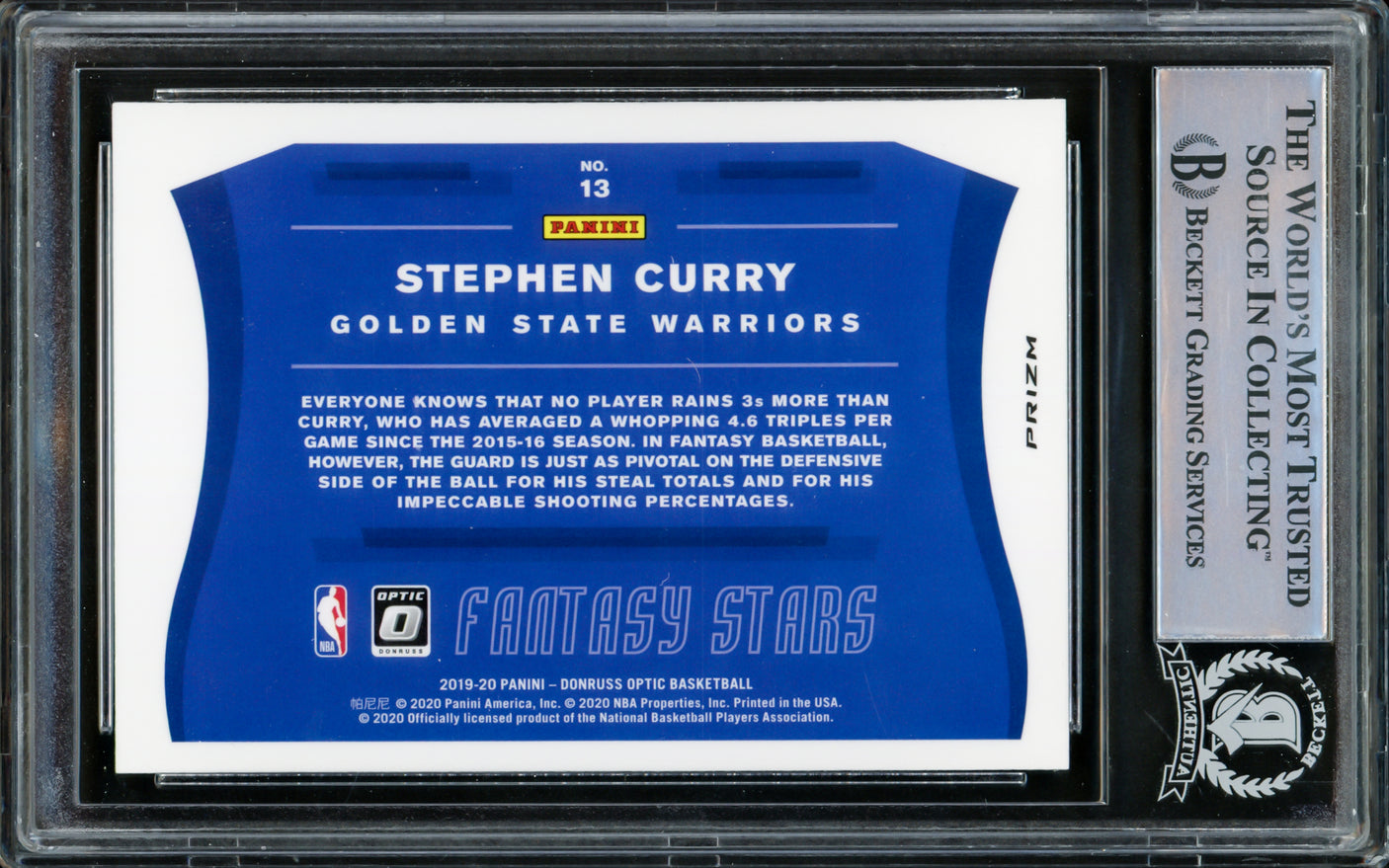 Stephen Curry Autographed 2019-20 Donruss Optic Fantasy Stars Card #13 Golden State Warriors Beckett BAS #15779362