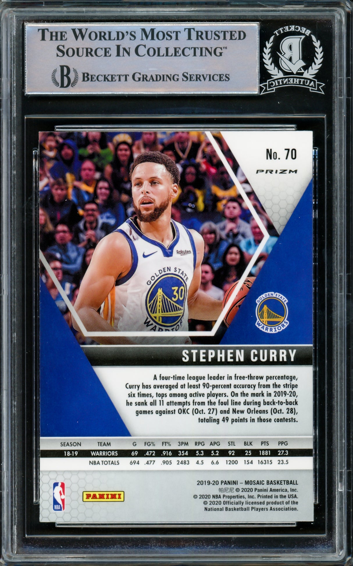 Stephen Curry Autographed 2019-20 Panini Green Mosaic Prizm Card #70 Golden State Warriors Beckett BAS #15779365