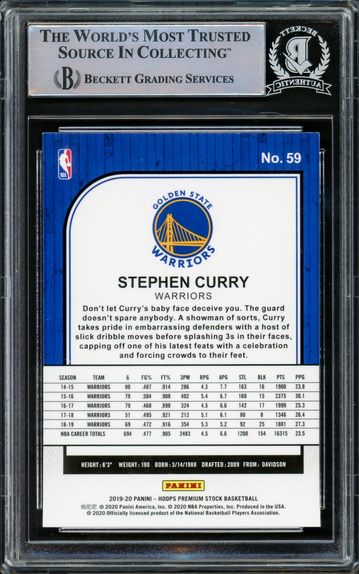 Stephen Curry Autographed 2019-20 Hoops Premium Stock Card #59 Golden State Warriors Beckett BAS #15779375