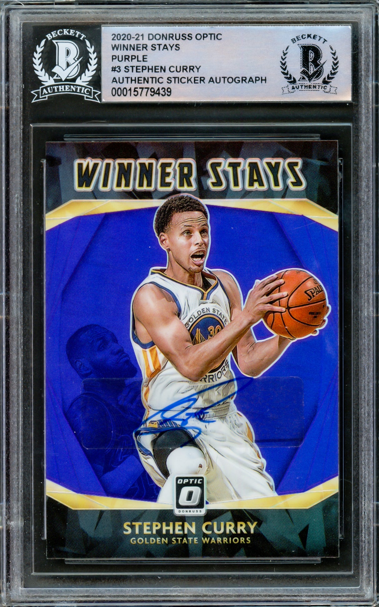Stephen Curry Autographed 2020-21 Donruss Optic Purple Prizm Card #3 Golden State Warriors Beckett BAS #15779439
