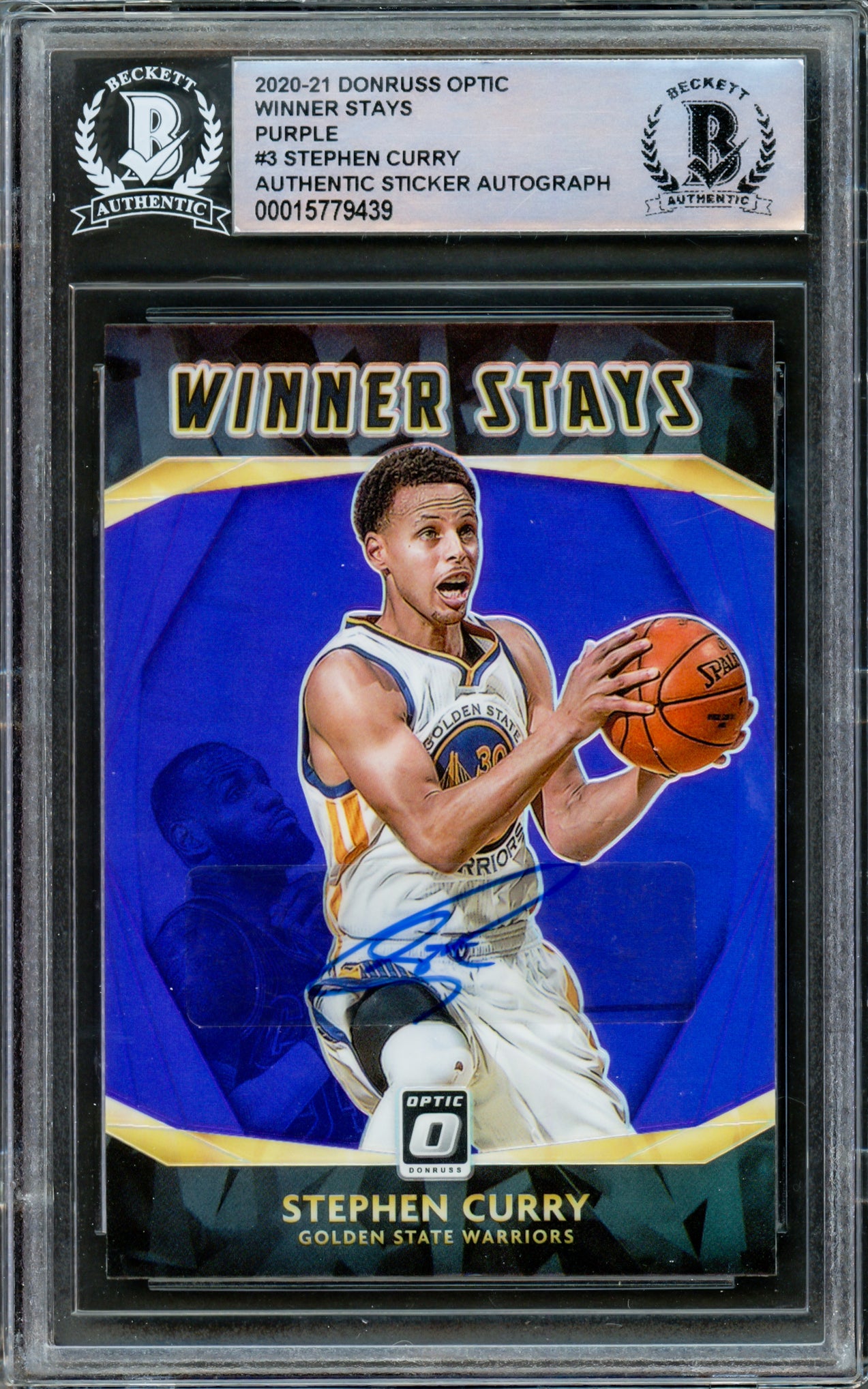 Stephen Curry Autographed 2020-21 Donruss Optic Purple Prizm Card #3 Golden State Warriors Beckett BAS #15779439