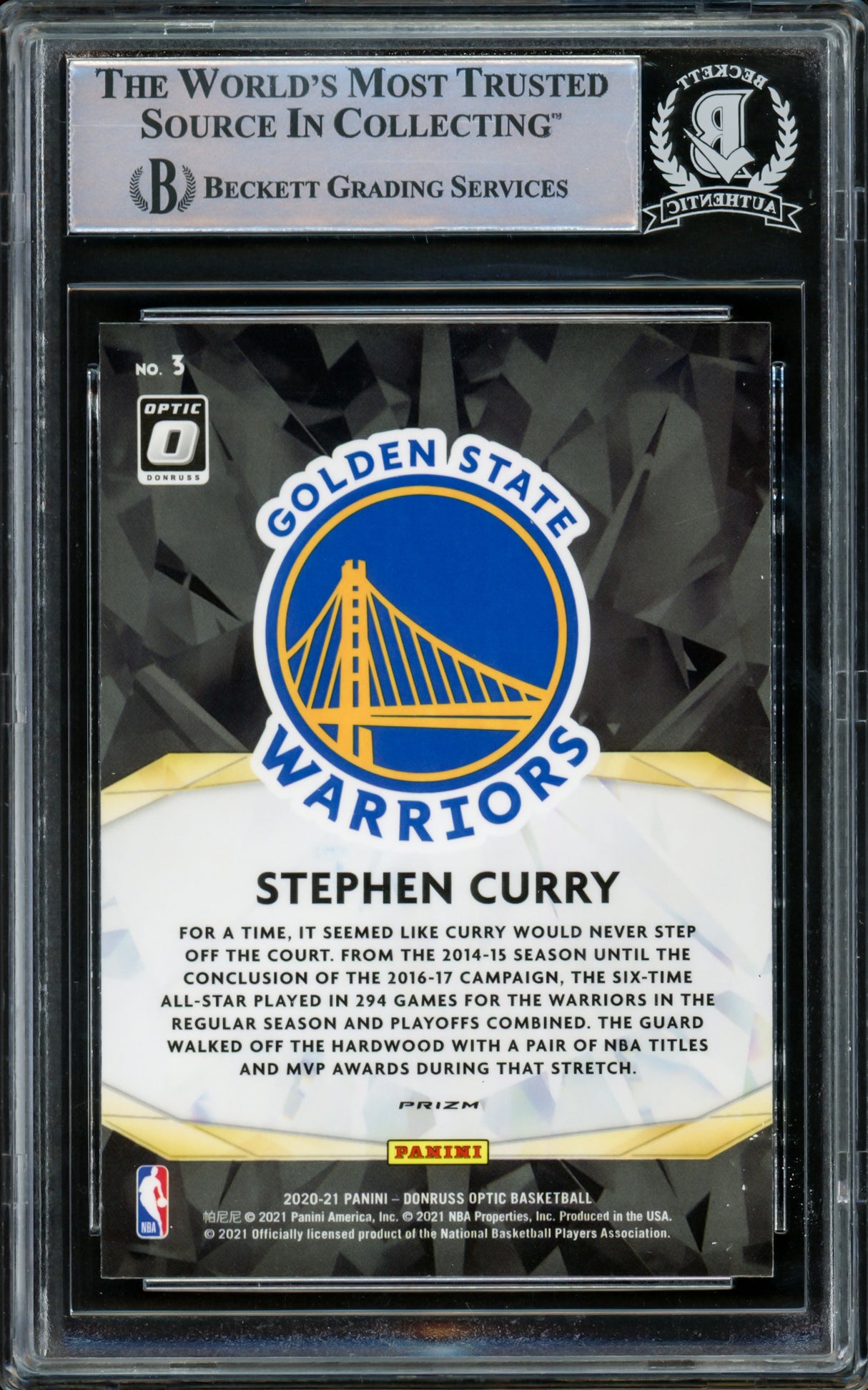Stephen Curry Autographed 2020-21 Donruss Optic Purple Prizm Card #3 Golden State Warriors Beckett BAS #15779439