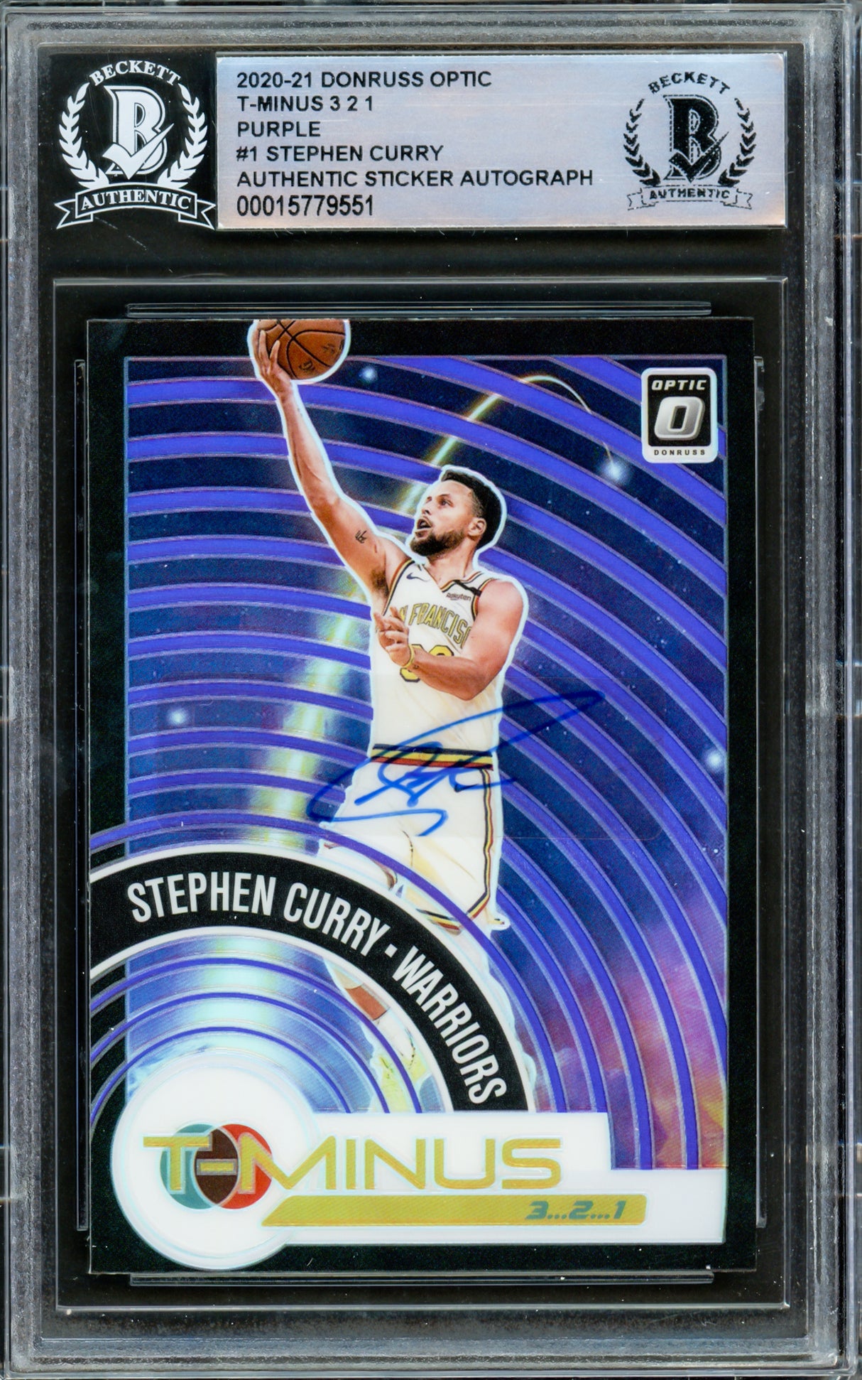 Stephen Curry Autographed 2020-21 Donruss Optic Purple Prizm Card #1 Golden State Warriors Beckett BAS #15779551