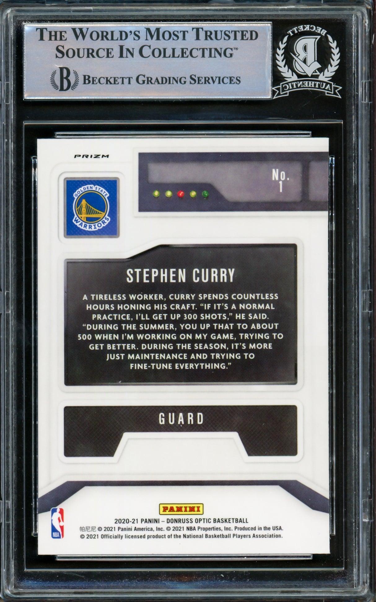 Stephen Curry Autographed 2020-21 Donruss Optic Purple Prizm Card #1 Golden State Warriors Beckett BAS #15779551